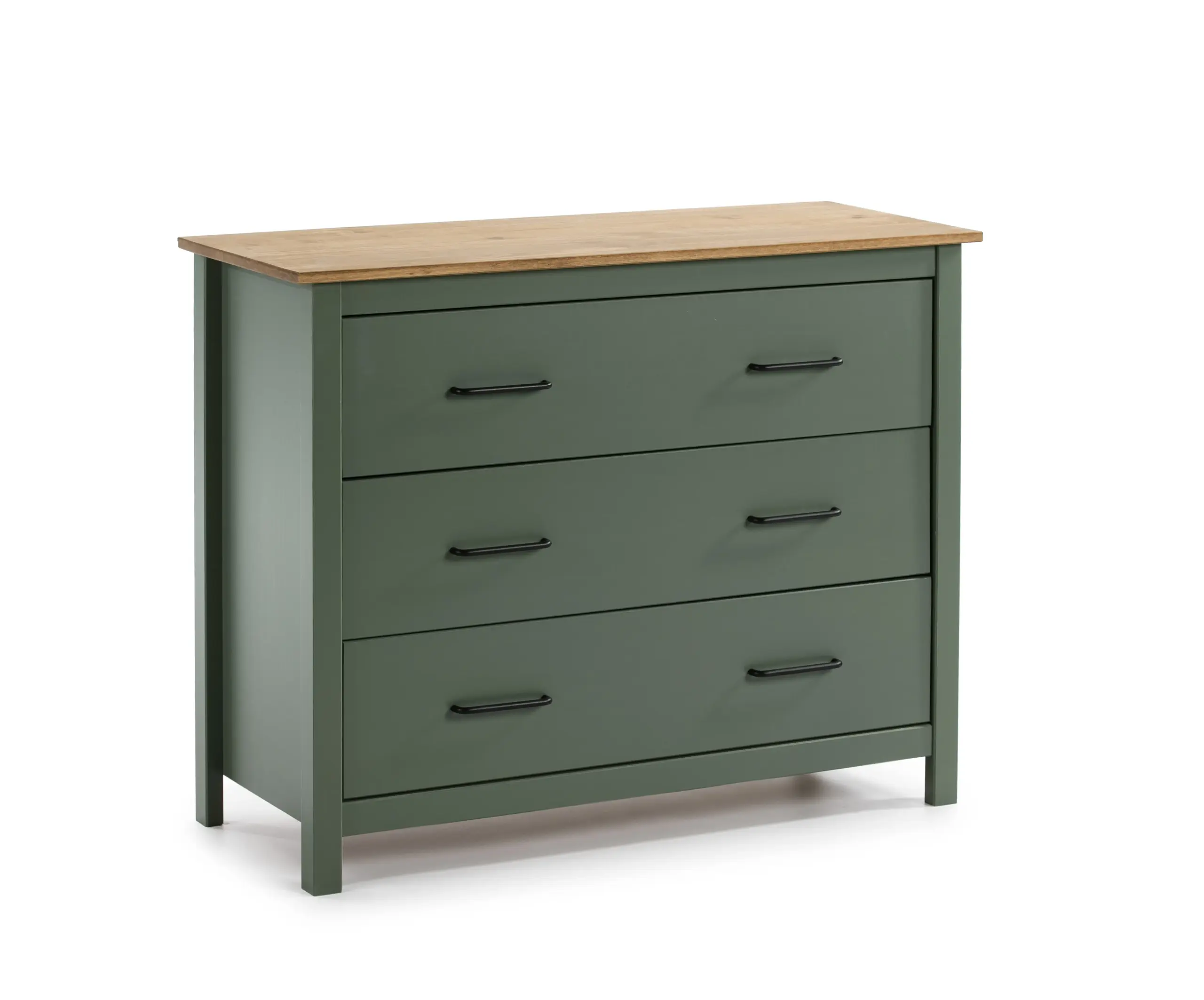 Cómoda Miranda de tres cajones en verde con superficie superior efecto madera natural. 2_risultato