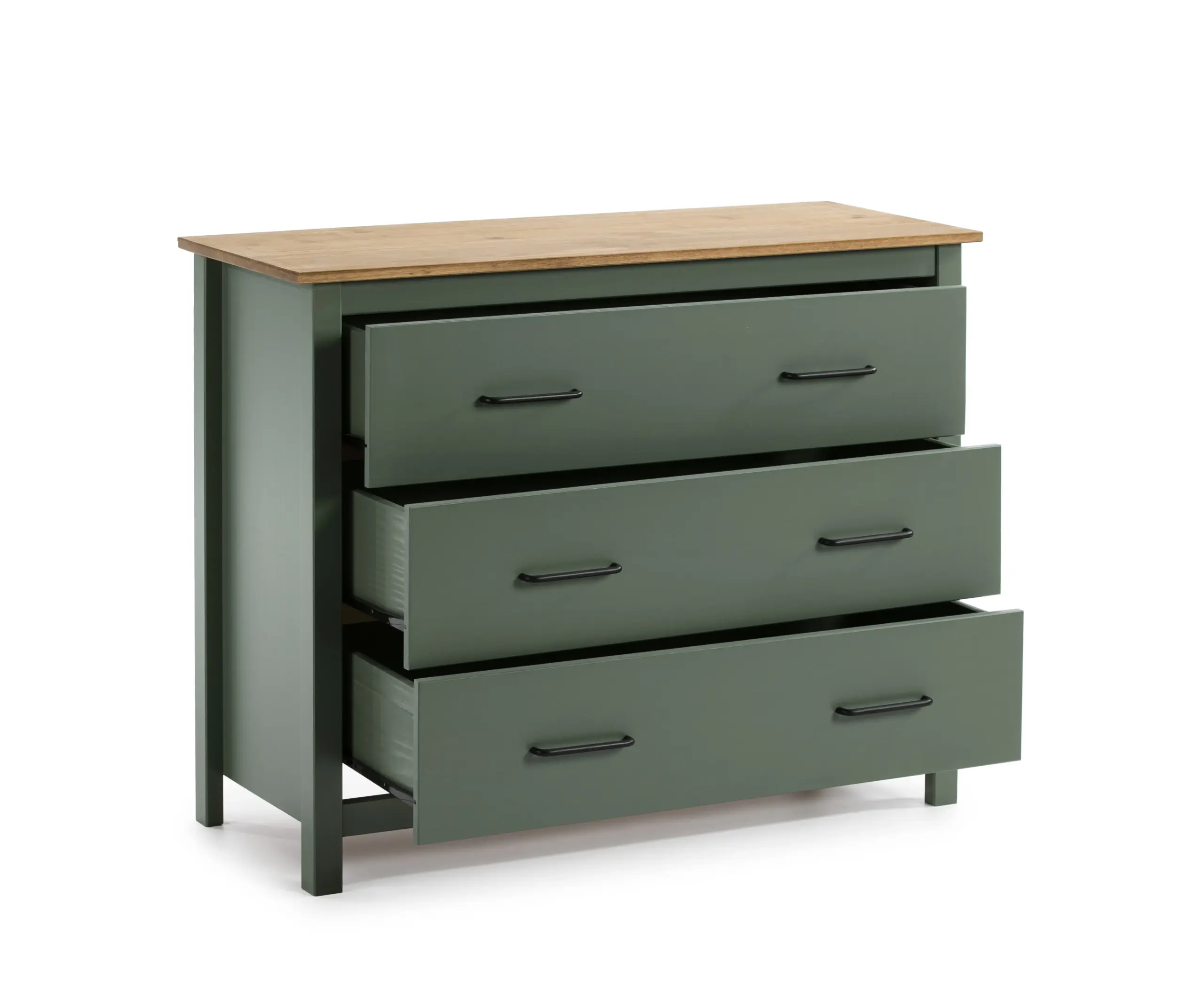 Cómoda Miranda de tres cajones en verde con superficie superior efecto madera natural. 3_risultato