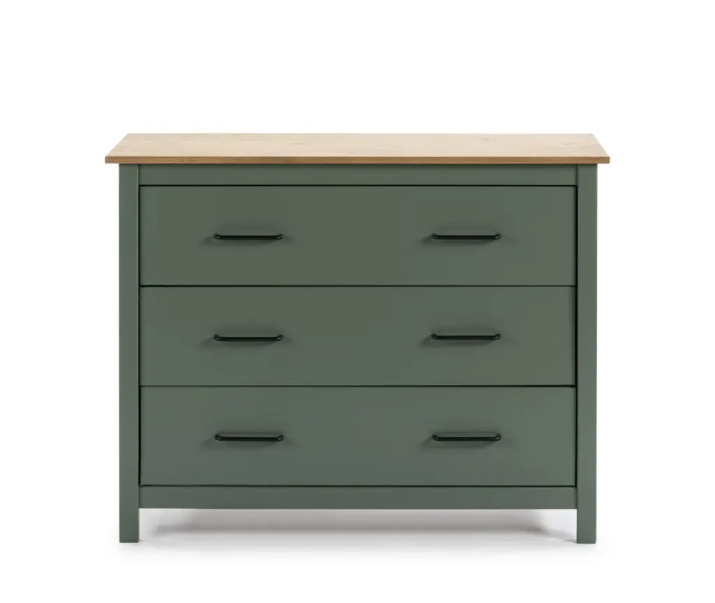 Cómoda Miranda de tres cajones en verde con superficie superior efecto madera natural. 4_risultato