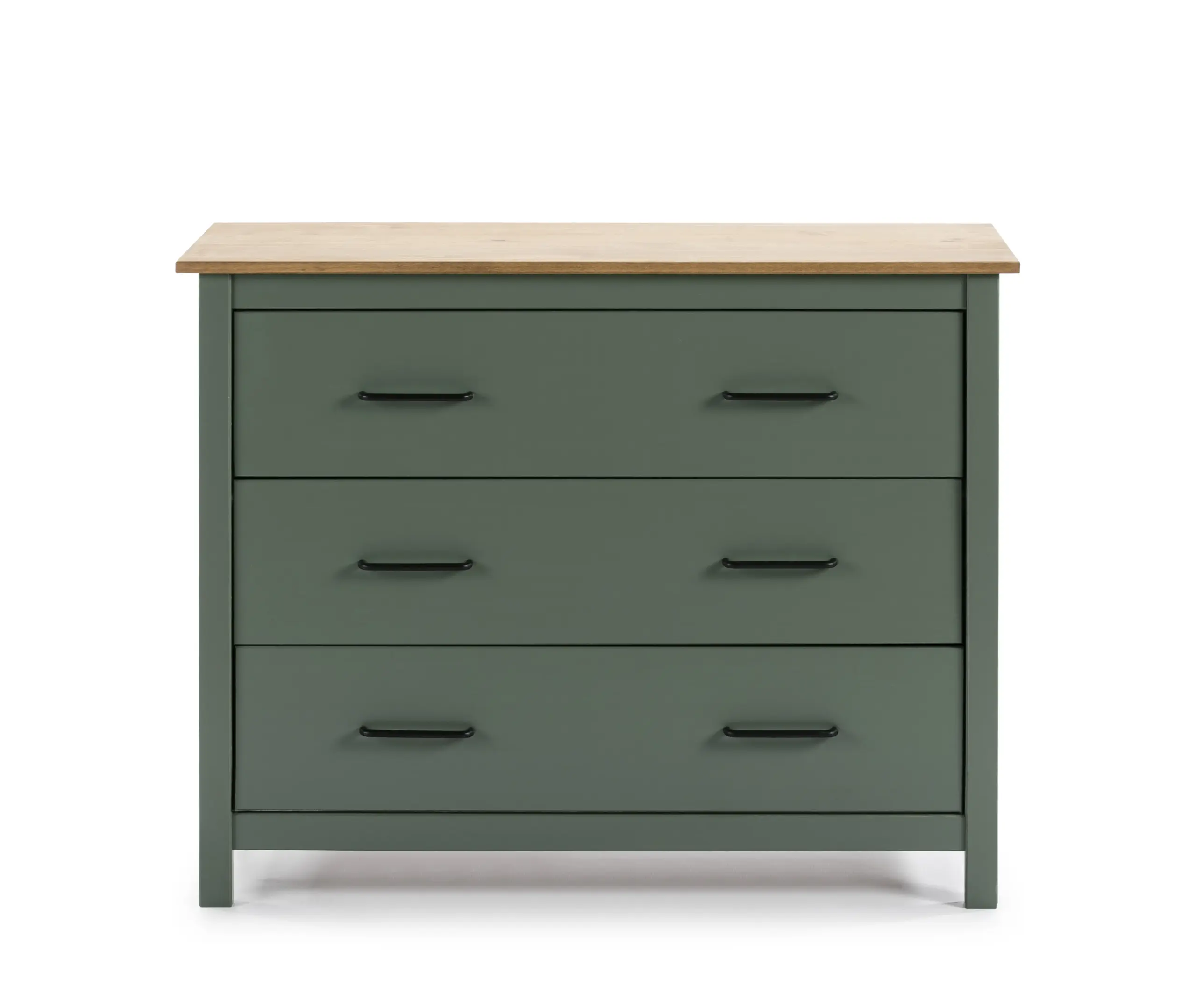 Cómoda Miranda de tres cajones en verde con superficie superior efecto madera natural. 4_risultato