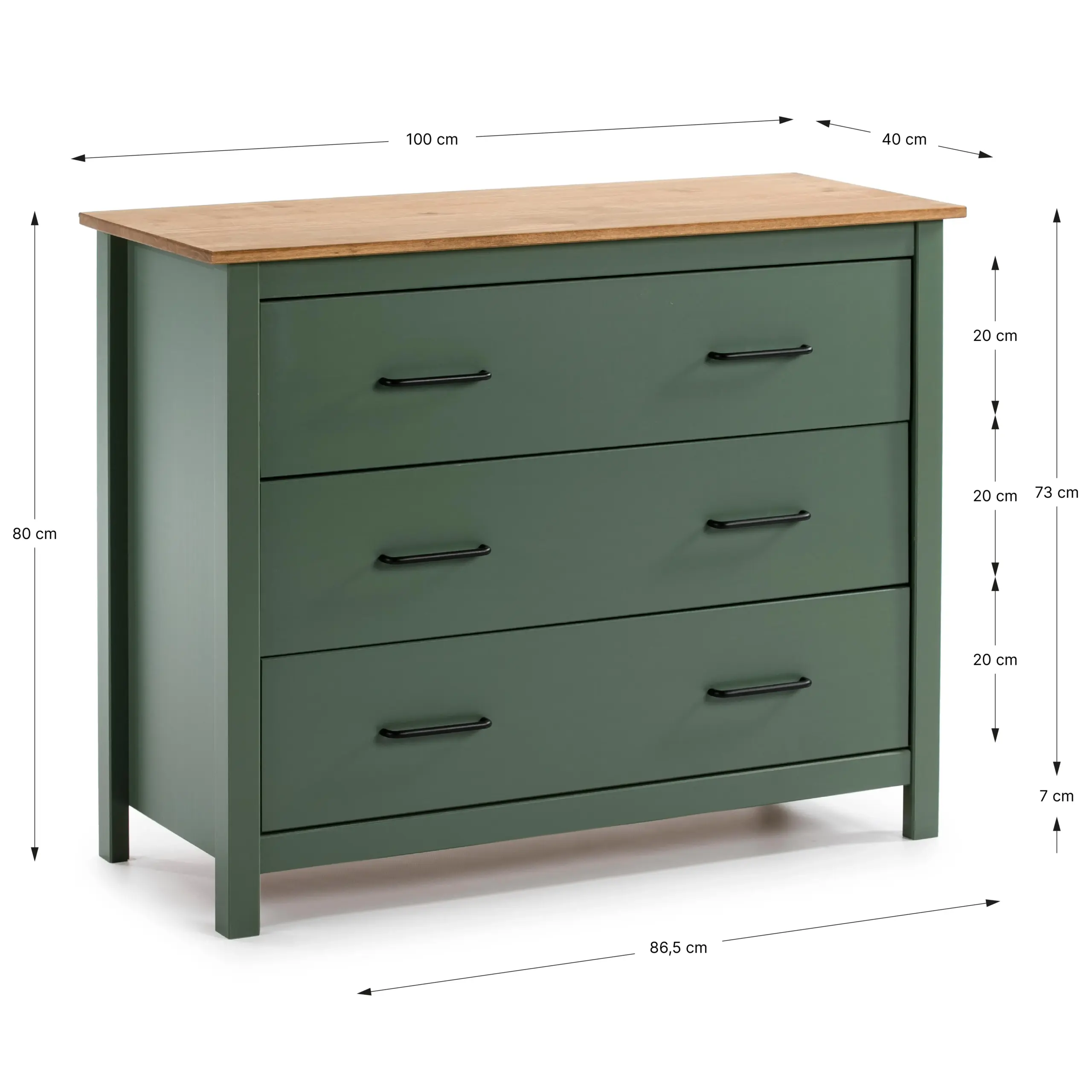 Cómoda Miranda de tres cajones en verde con superficie superior efecto madera natural.