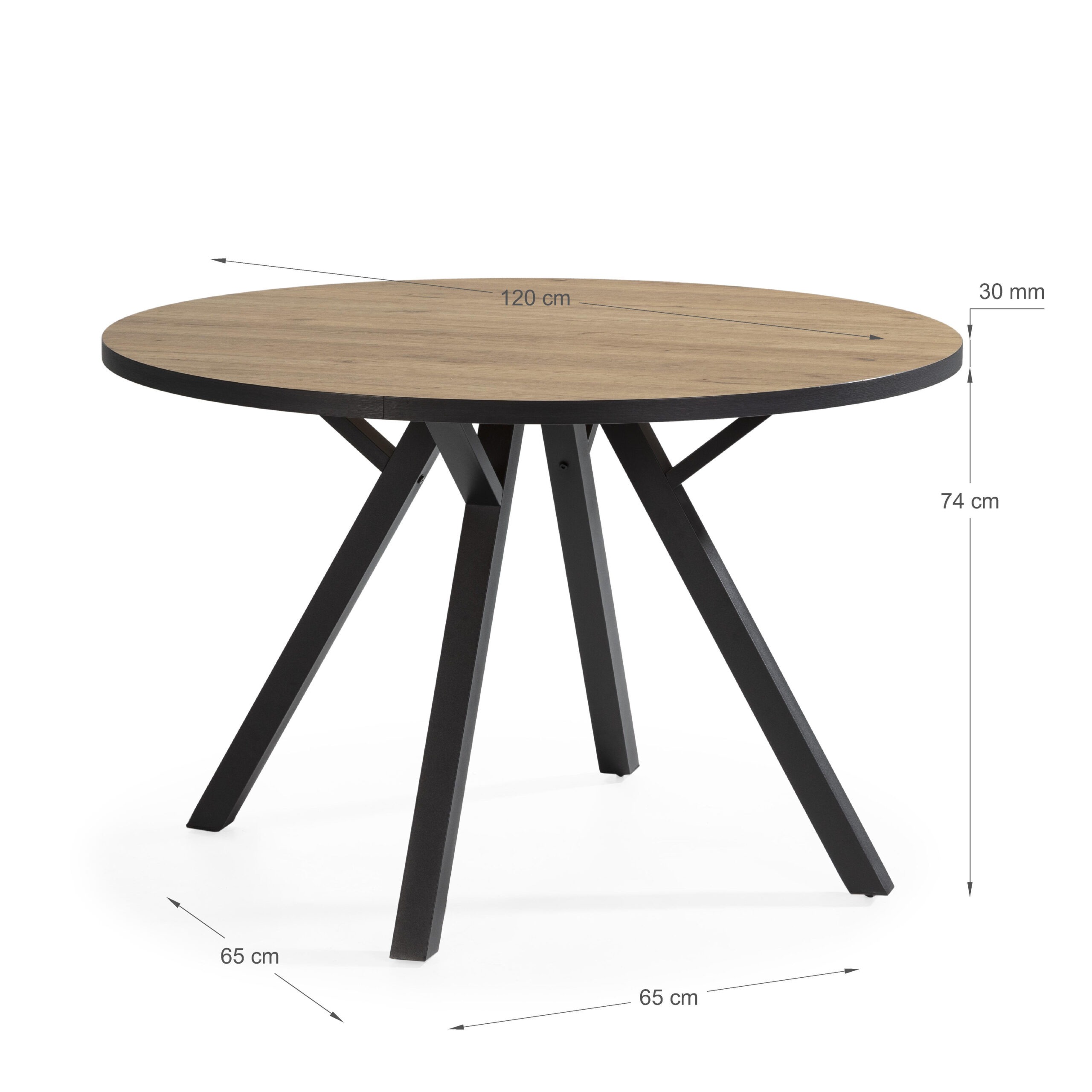 Mesa Redonda Beni de 120 cm en acabado natural con canto bocamina y patas negras