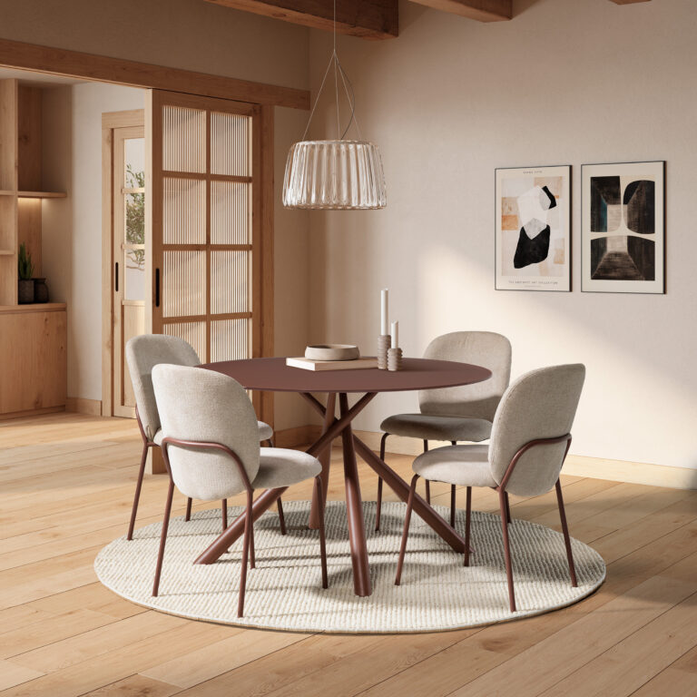 Mesa Redonda Lexa 120 cm Terracota con Pie Terracota en un comedor moderno