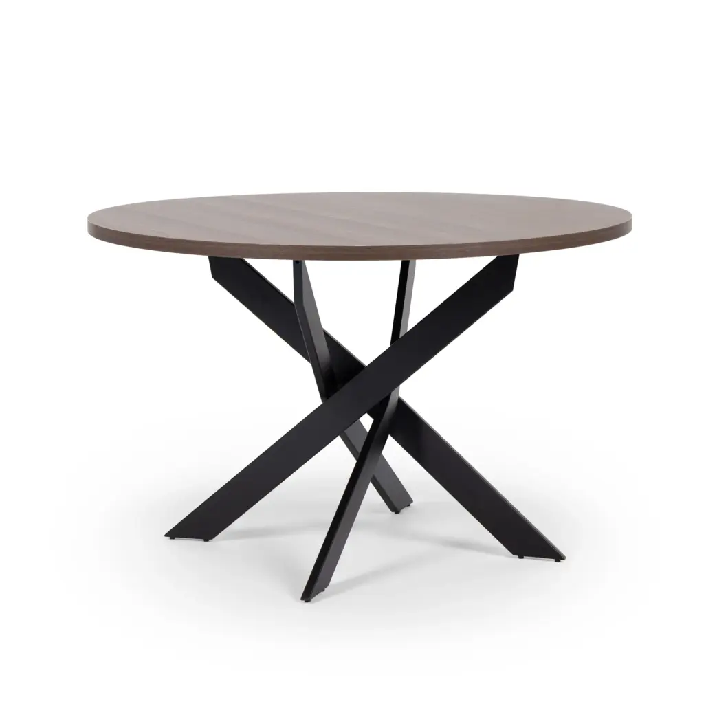 Mesa redonda Ther de 120 cm en nogal y Mistral con patas metálicas negras.