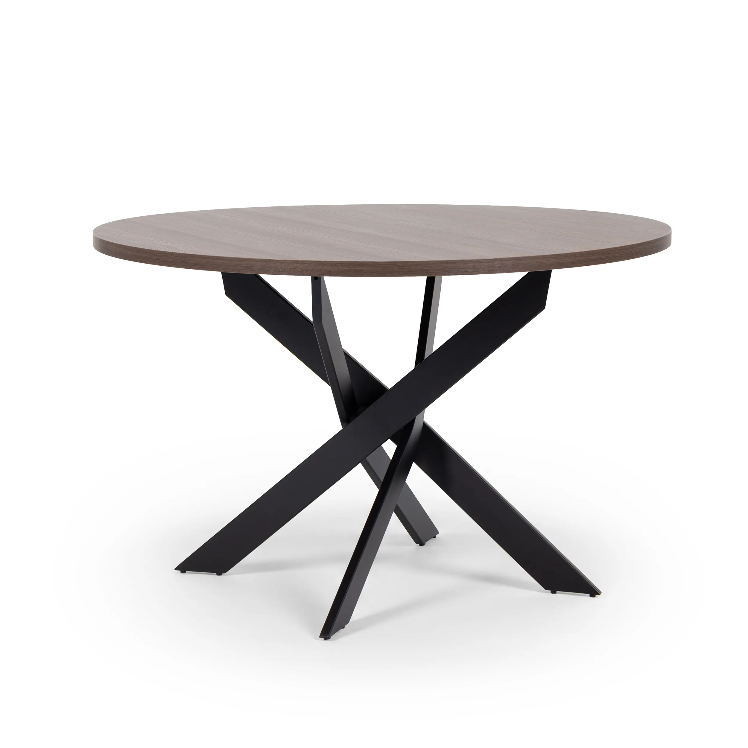 Mesa redonda Ther de 120 cm en nogal y Mistral con patas metálicas negras.