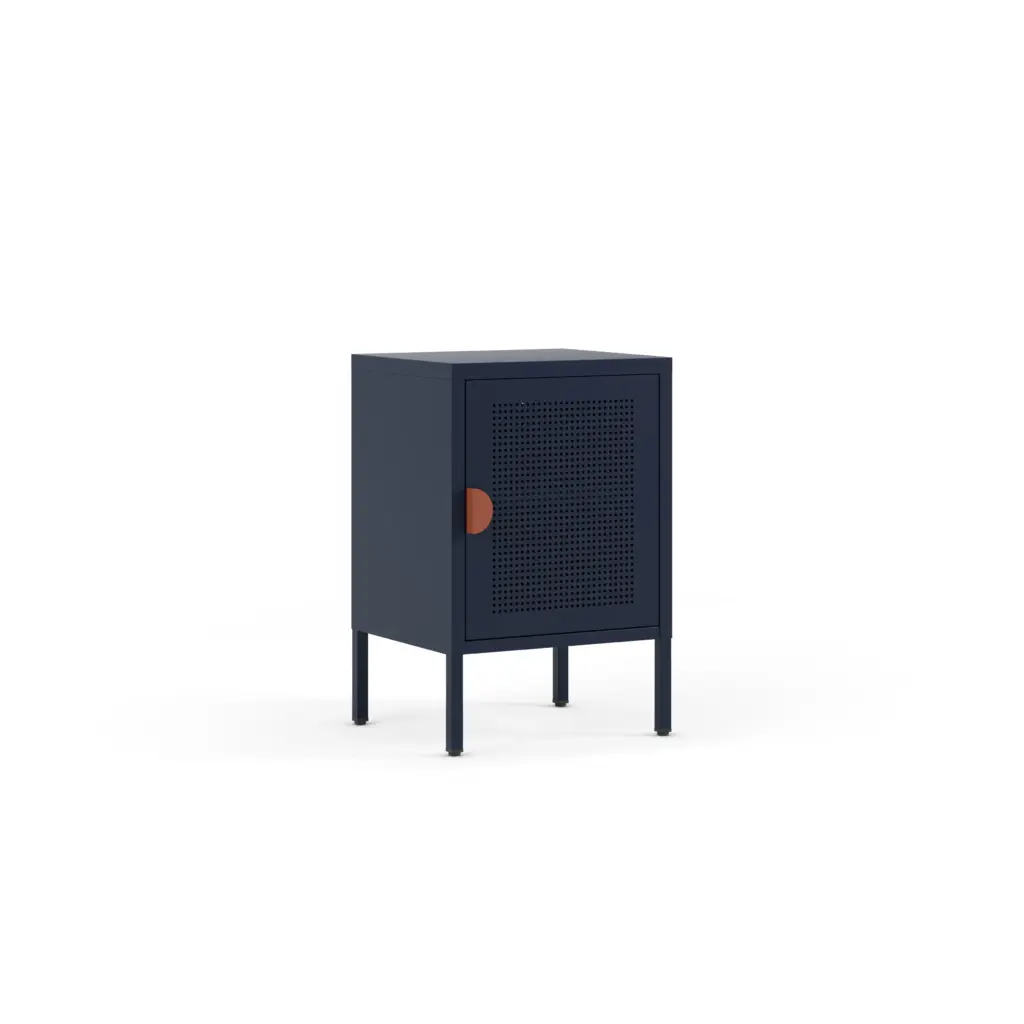Mesita Sayla azul oscuro con puerta perforada y tirador terracota 1_risultato Mesita Sayla azul oscuro con puerta perforada y tirador terracota