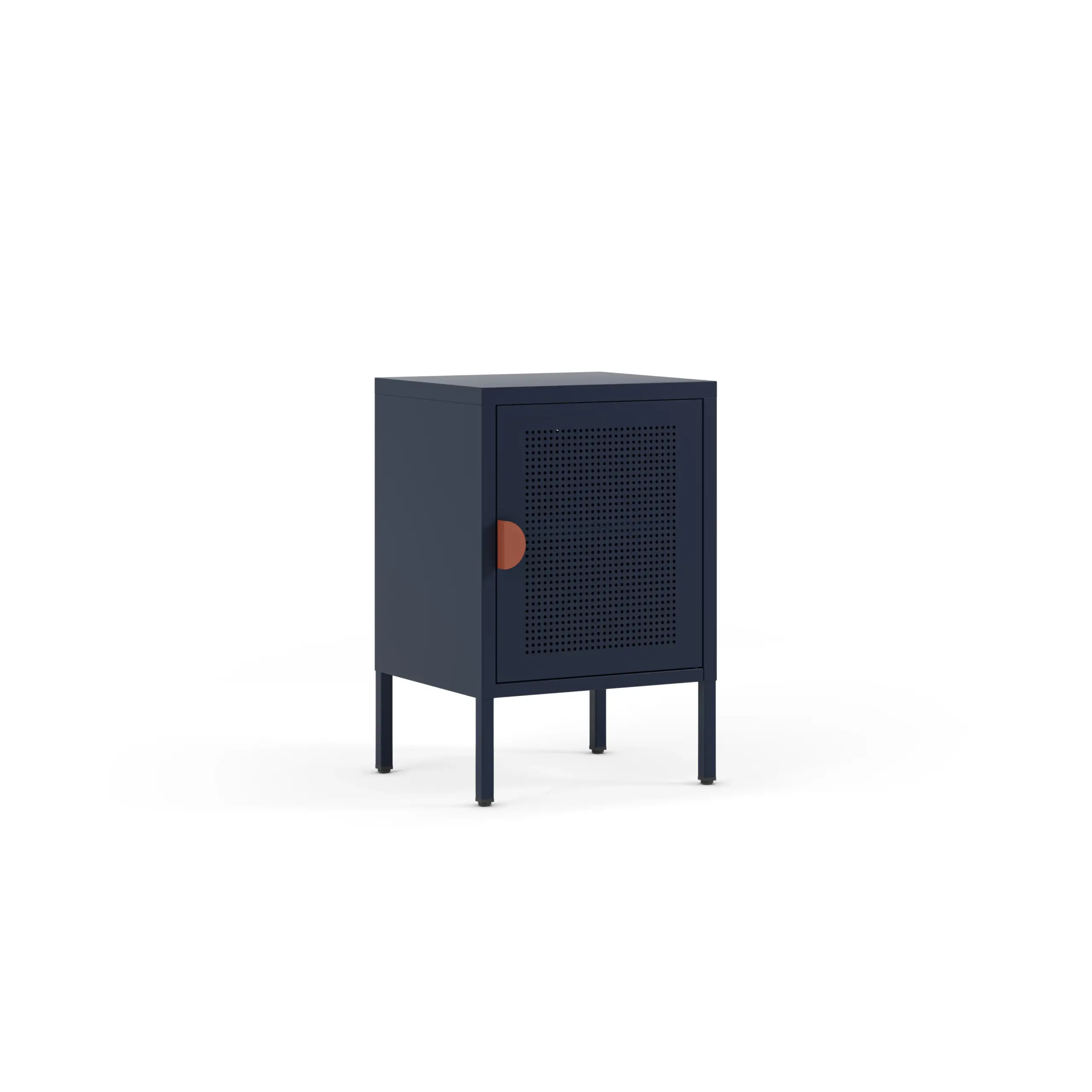 Mesita Sayla azul oscuro con puerta perforada y tirador terracota