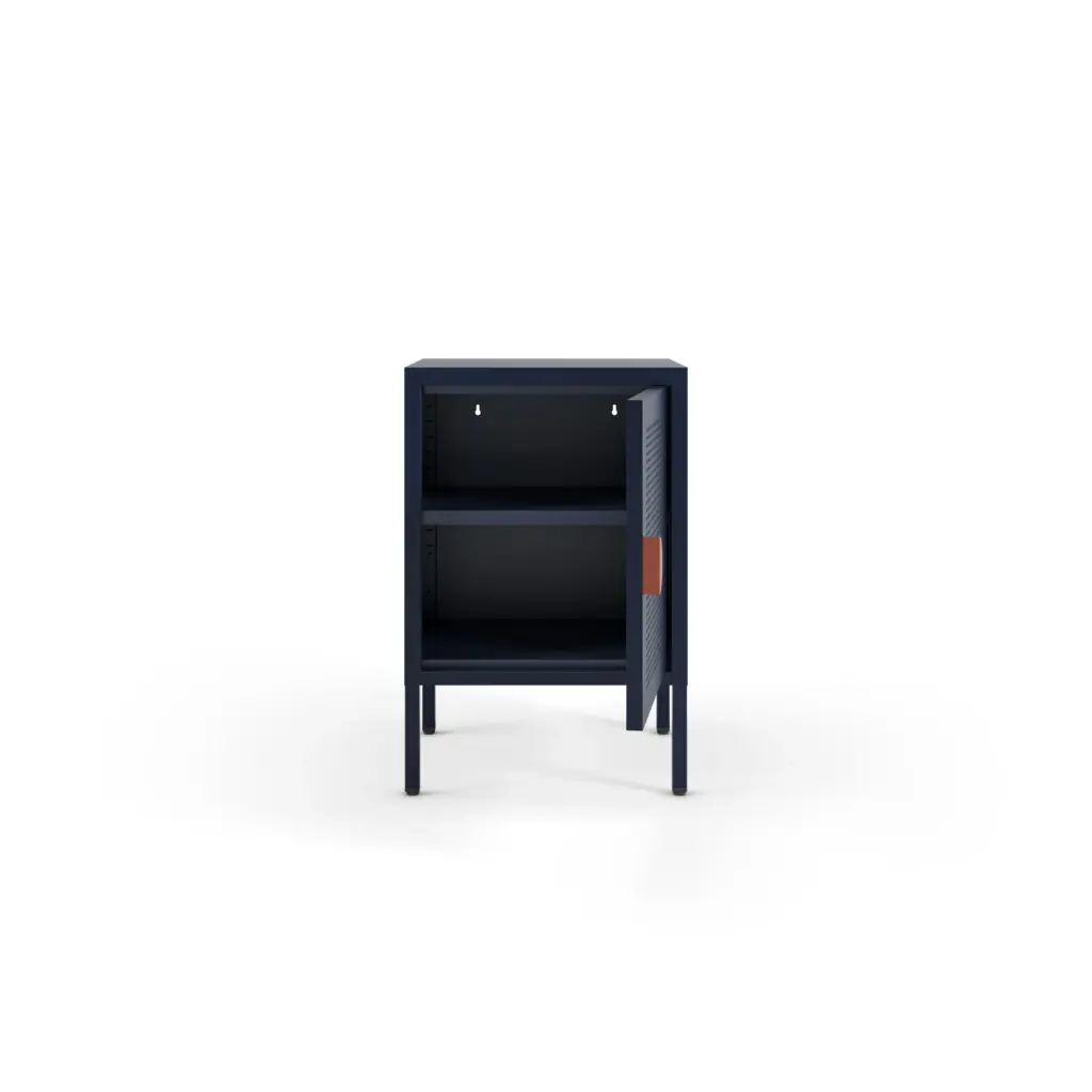 Mesita Sayla azul oscuro con puerta perforada y tirador terracota 2_risultato