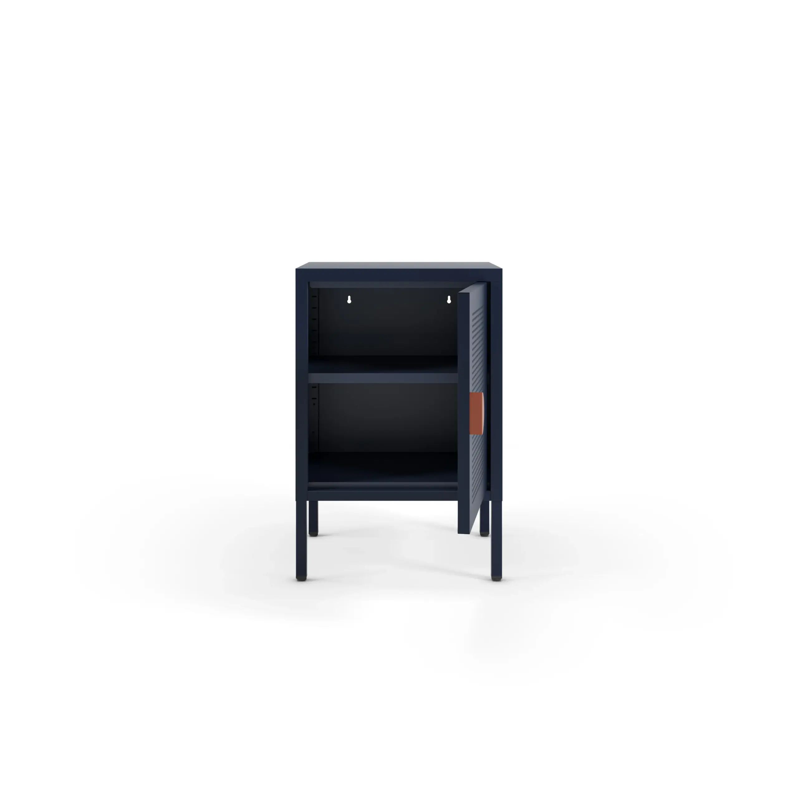Mesita Sayla azul oscuro con puerta perforada y tirador terracota 2_risultato