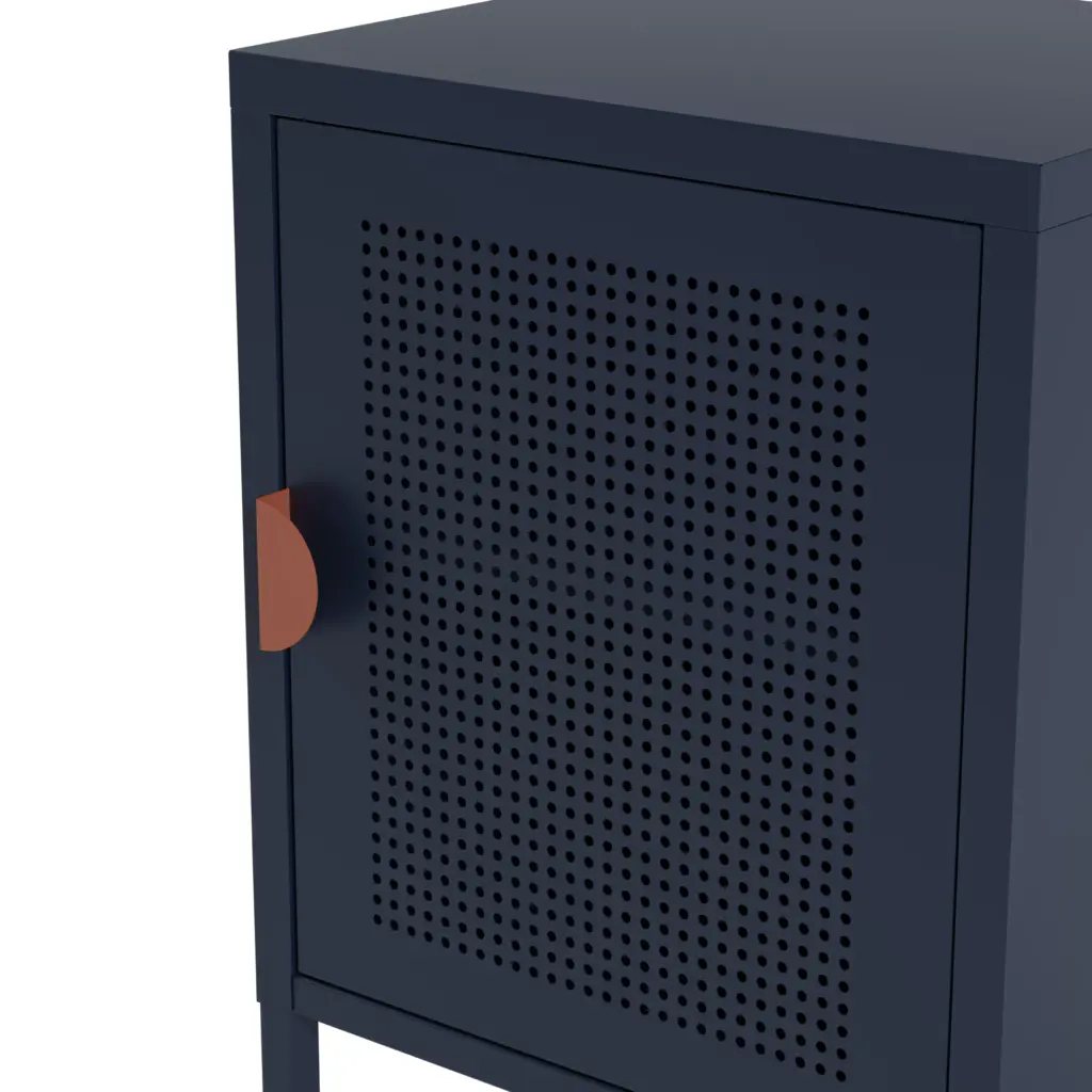 Mesita Sayla azul oscuro con puerta perforada y tirador terracota 3_risultato