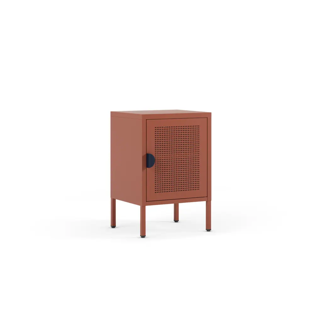 Mesita Sayla terracota con puerta perforada y tirador azul oscuro 1_risultato Mesita Sayla terracota con puerta perforada y tirador azul oscuro