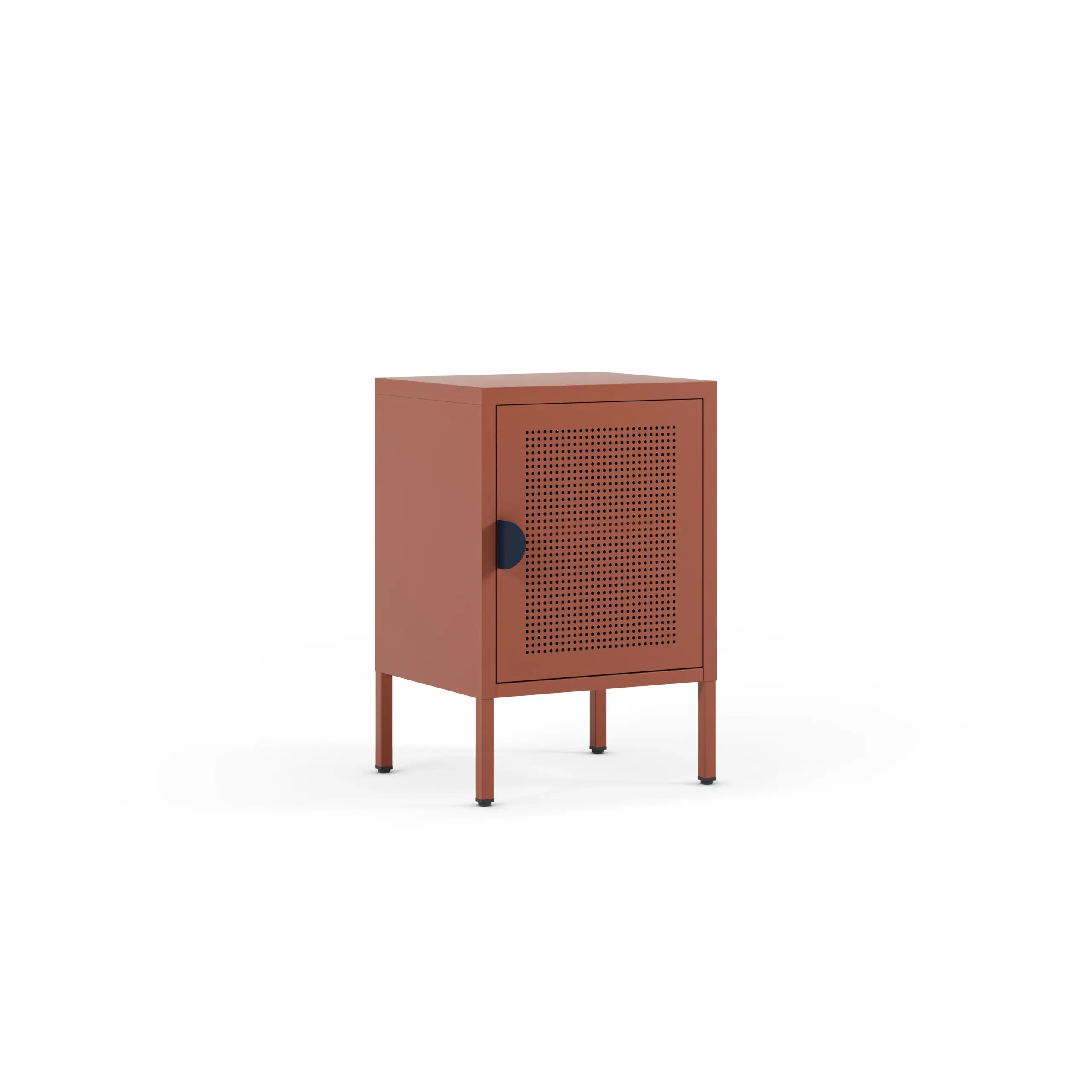 Mesita Sayla terracota con puerta perforada y tirador azul oscuro
