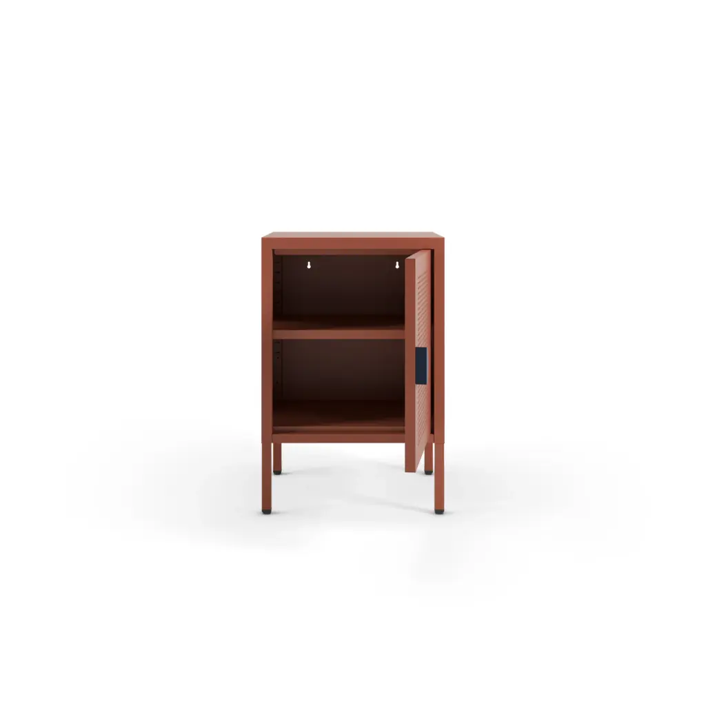 Mesita Sayla terracota con puerta perforada y tirador azul oscuro 2_risultato