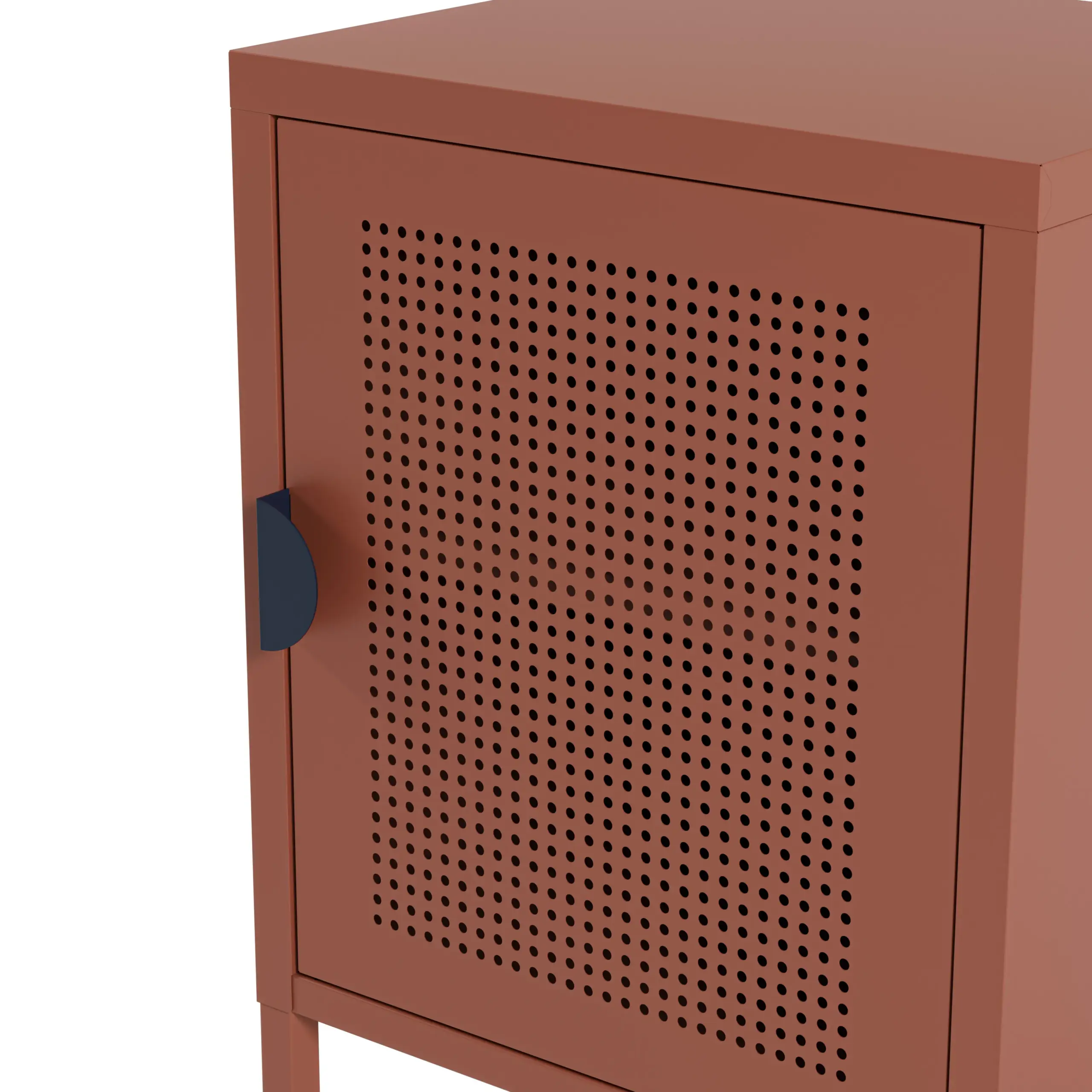 Mesita Sayla terracota con puerta perforada y tirador azul oscuro 3_risultato
