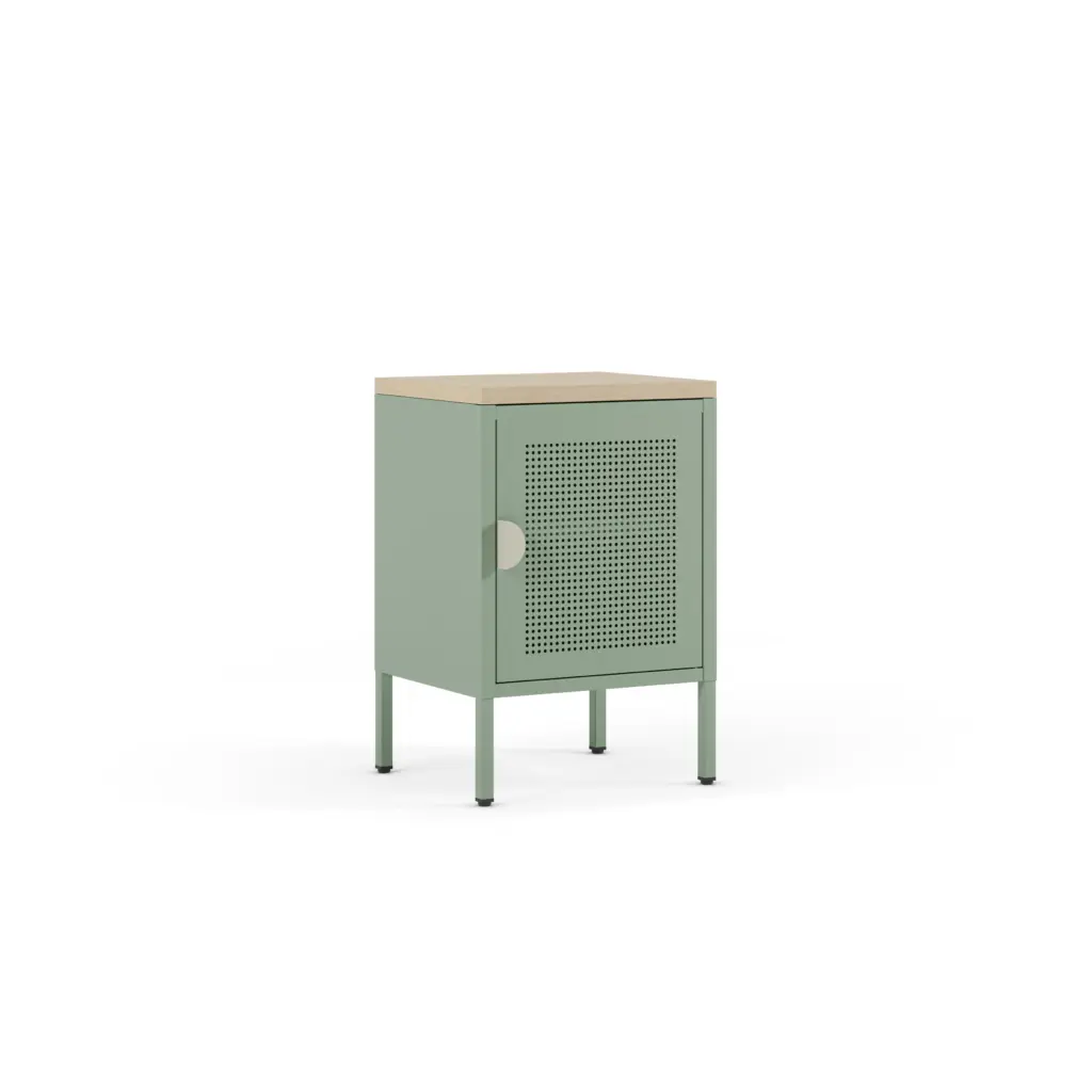 Mesita Sayla verde menta y roble con puerta perforada y patas elevadas. 1_risultato Mesita Sayla verde menta y roble con puerta perforada y patas elevadas.