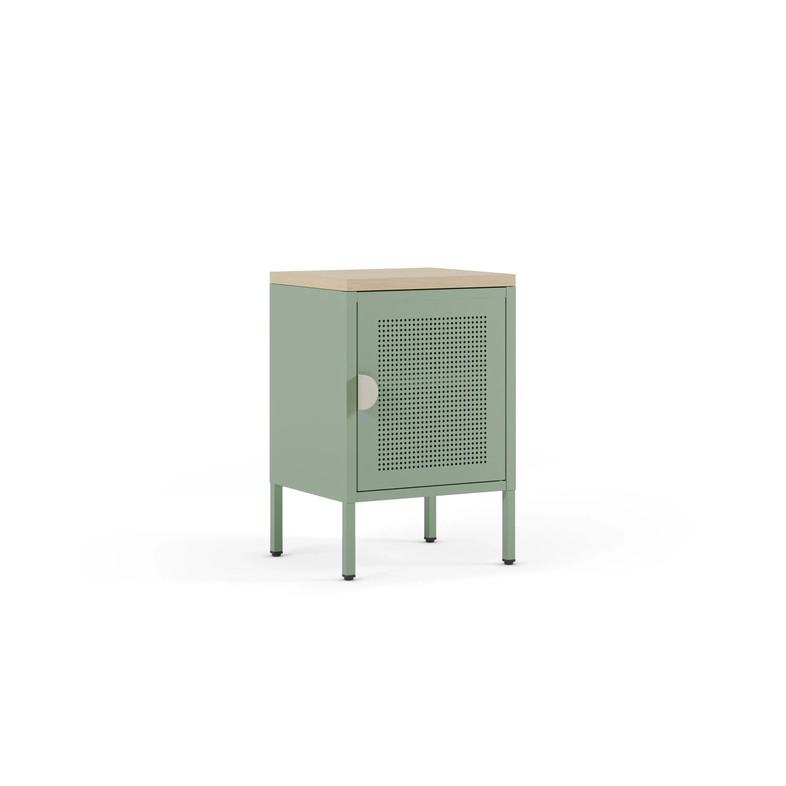 Mesita Sayla verde menta y roble con puerta perforada y patas elevadas.