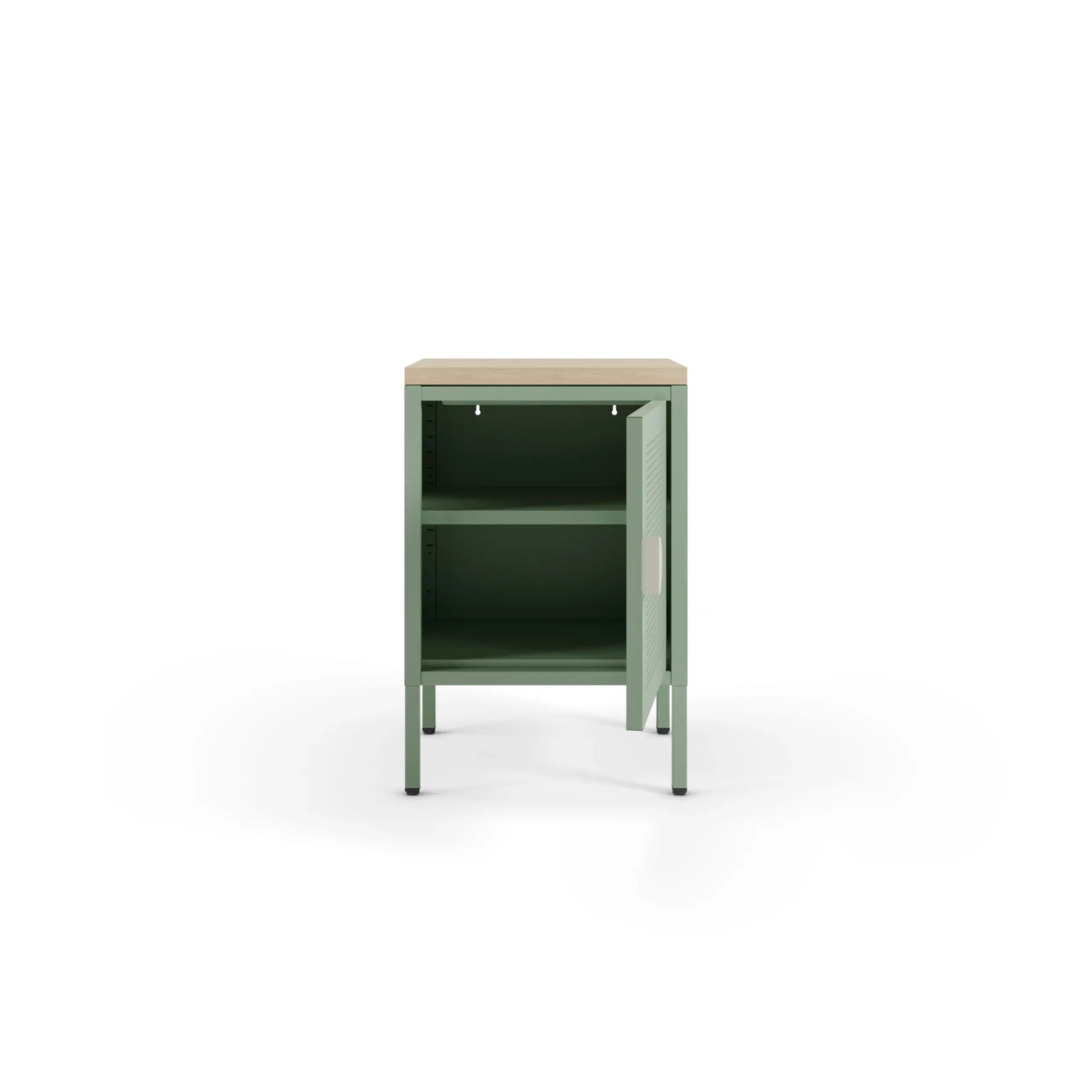 Mesita Sayla verde menta y roble con puerta perforada y patas elevadas. 2_risultato
