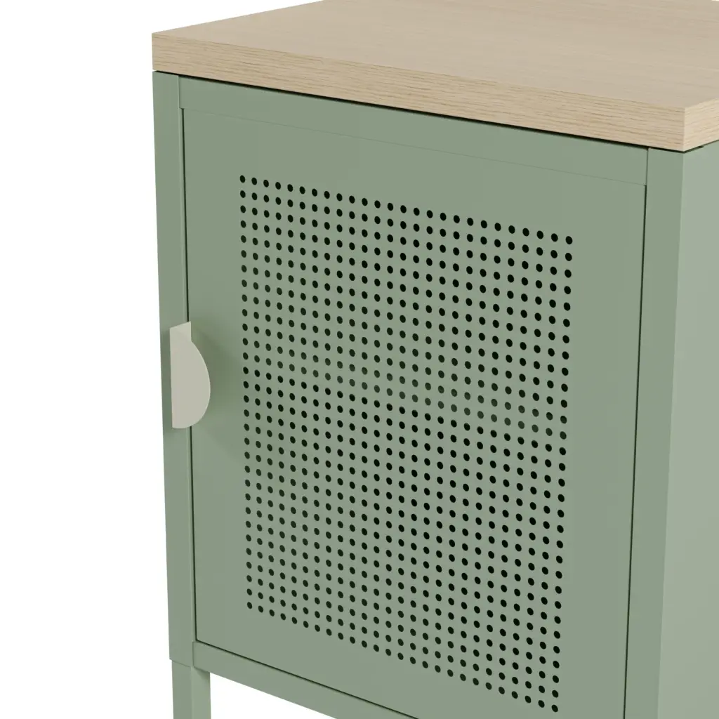 Mesita Sayla verde menta y roble con puerta perforada y patas elevadas. 3_risultato