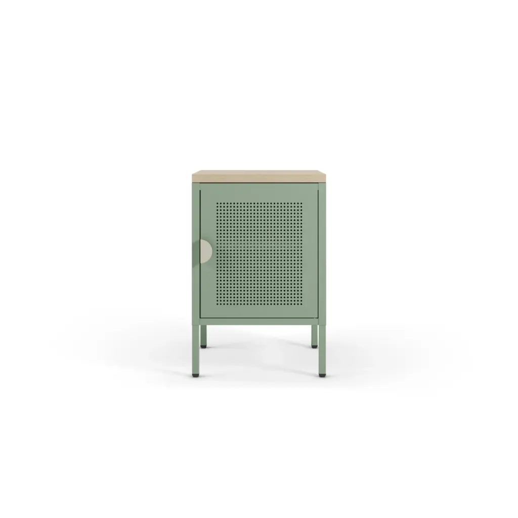 Mesita Sayla verde menta y roble con puerta perforada y patas elevadas. 4_risultato Mesita Sayla verde menta y roble con puerta perforada y patas elevadas.