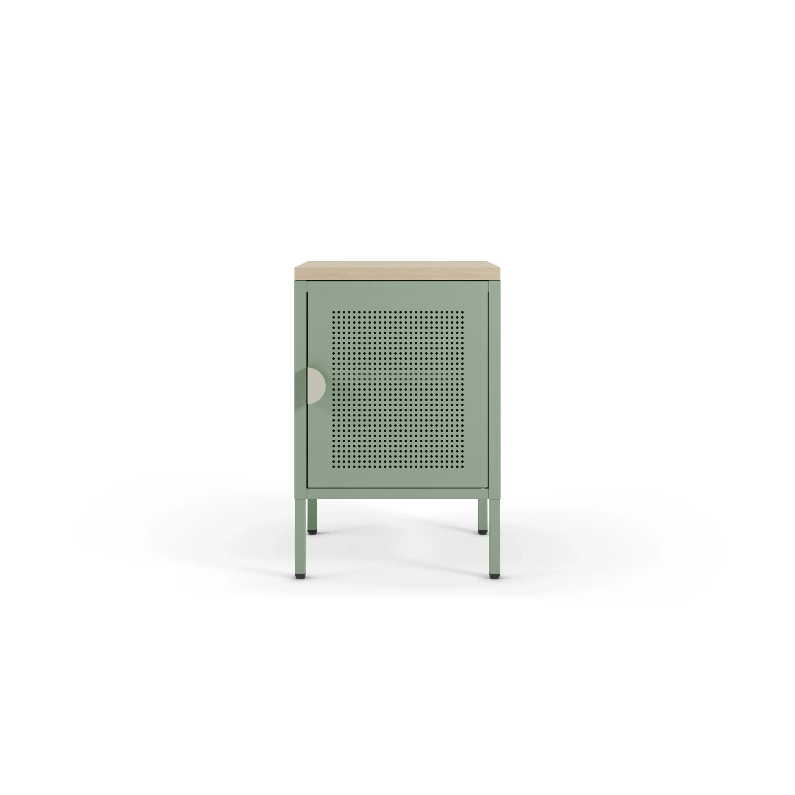 Mesita Sayla verde menta y roble con puerta perforada y patas elevadas. 4_risultato Mesita Sayla verde menta y roble con puerta perforada y patas elevadas.