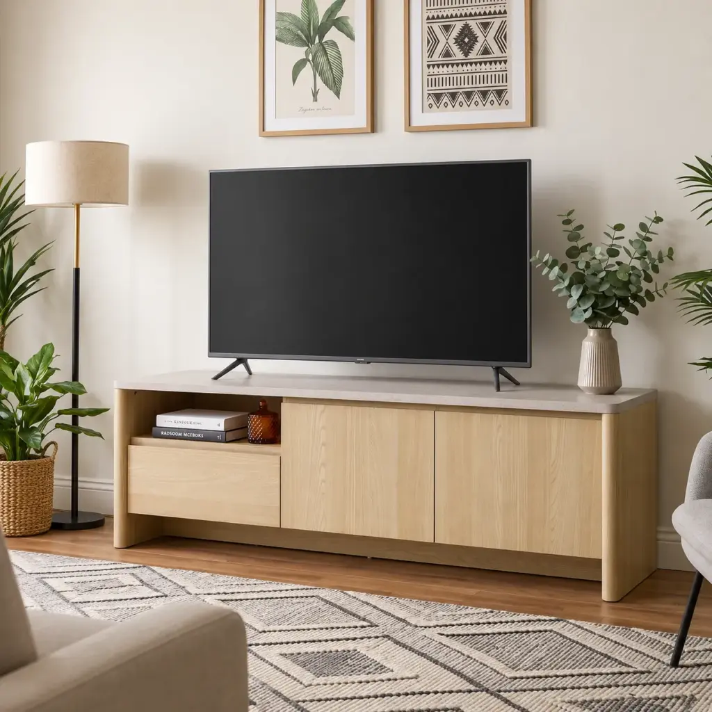 Mueble TV Dore en roble claro y mármol con compartimento abierto y puertas cerradas