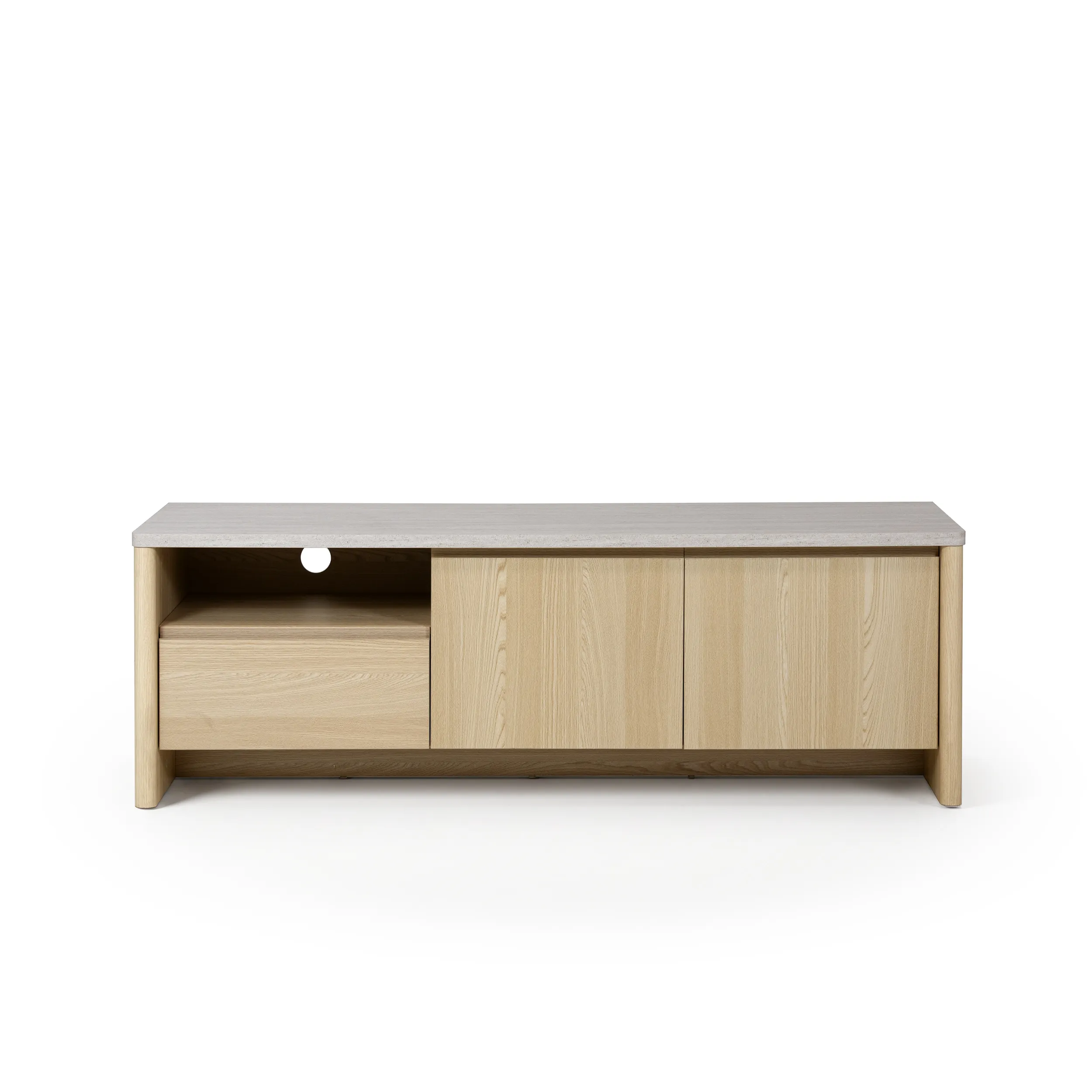 Mueble TV Dore en roble claro y mármol con compartimento abierto y puertas cerradas