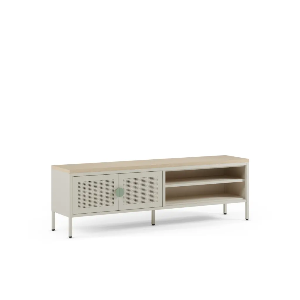 Mueble TV Sayla de 160 cm en crema y roble con dos puertas y compartimentos abiertos 1_risultato