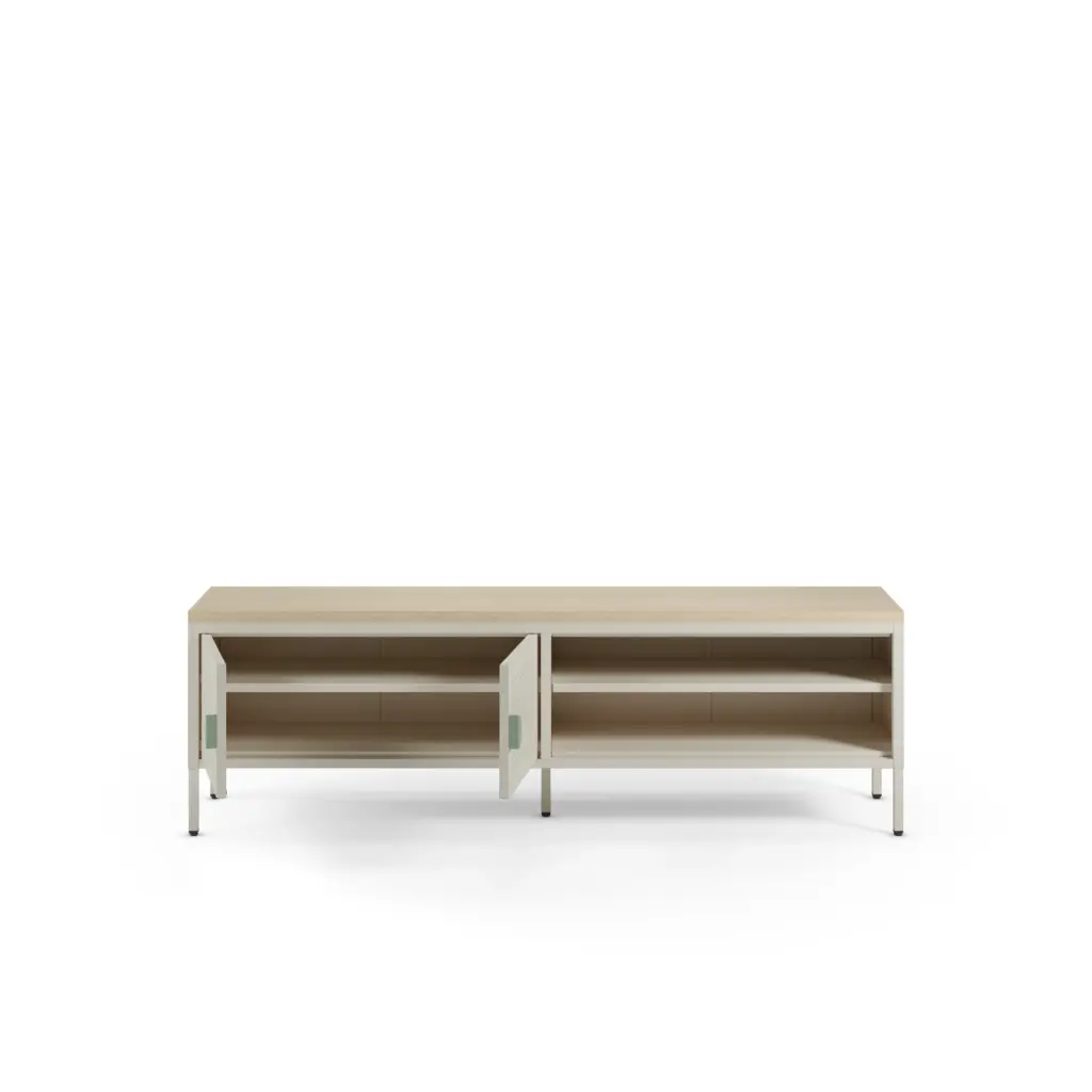 Mueble TV Sayla de 160 cm en crema y roble con dos puertas y compartimentos abiertos 2_risultato