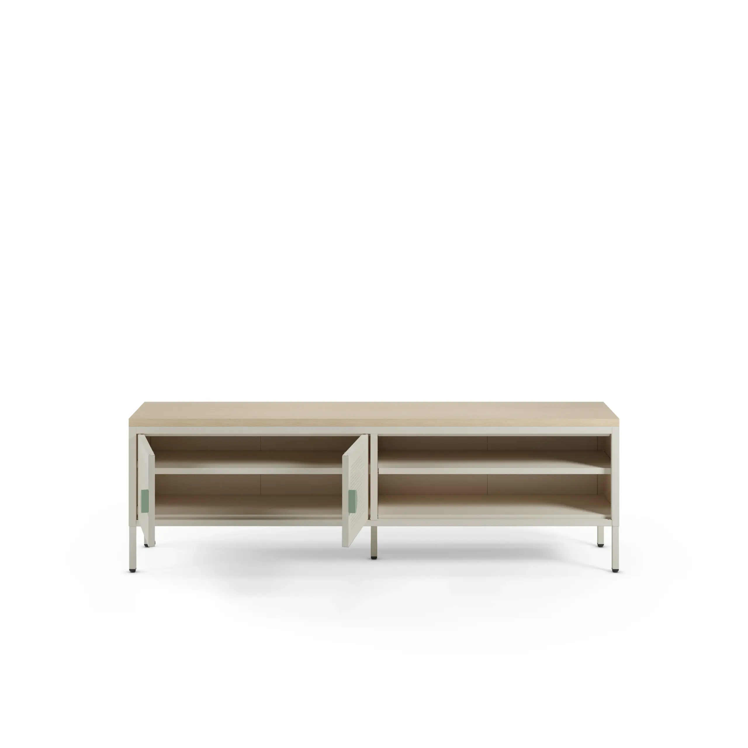 Mueble TV Sayla de 160 cm en crema y roble con dos puertas y compartimentos abiertos 2_risultato