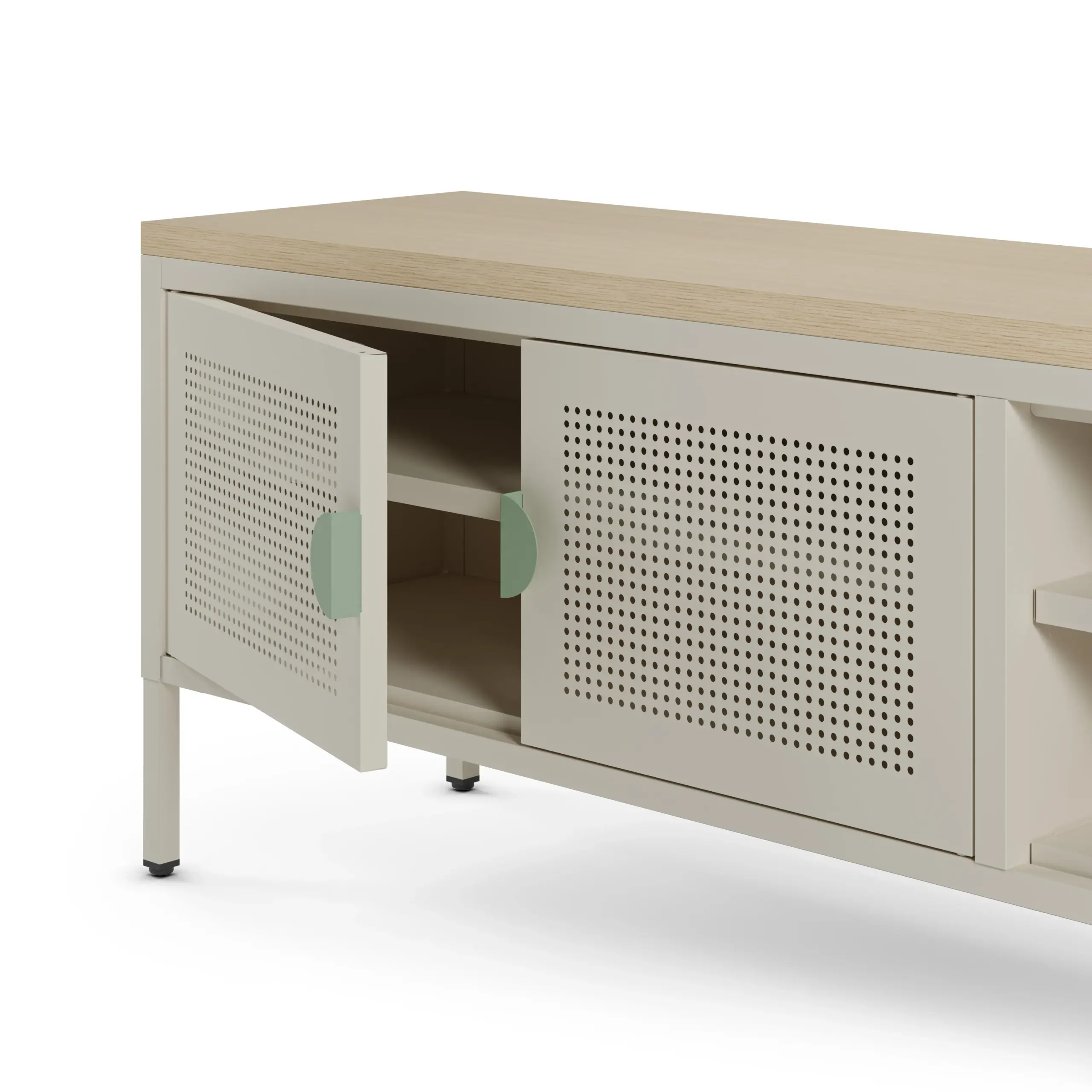 Mueble TV Sayla de 160 cm en crema y roble con dos puertas y compartimentos abiertos 3_risultato