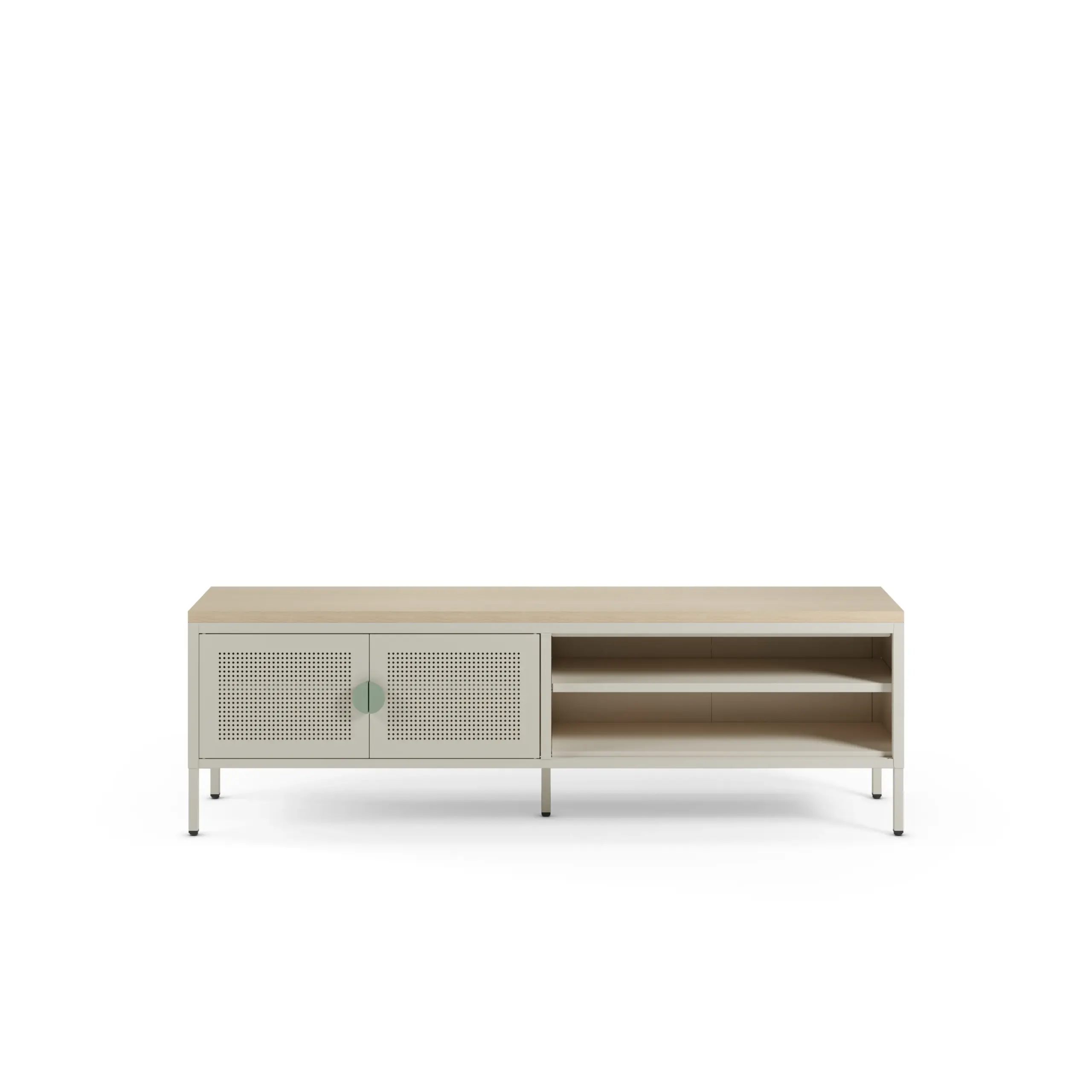 Mueble TV Sayla de 160 cm en crema y roble con dos puertas y compartimentos abiertos 4_risultato Mueble TV Sayla de 160 cm en crema y roble con dos puertas y compartimentos abiertos
