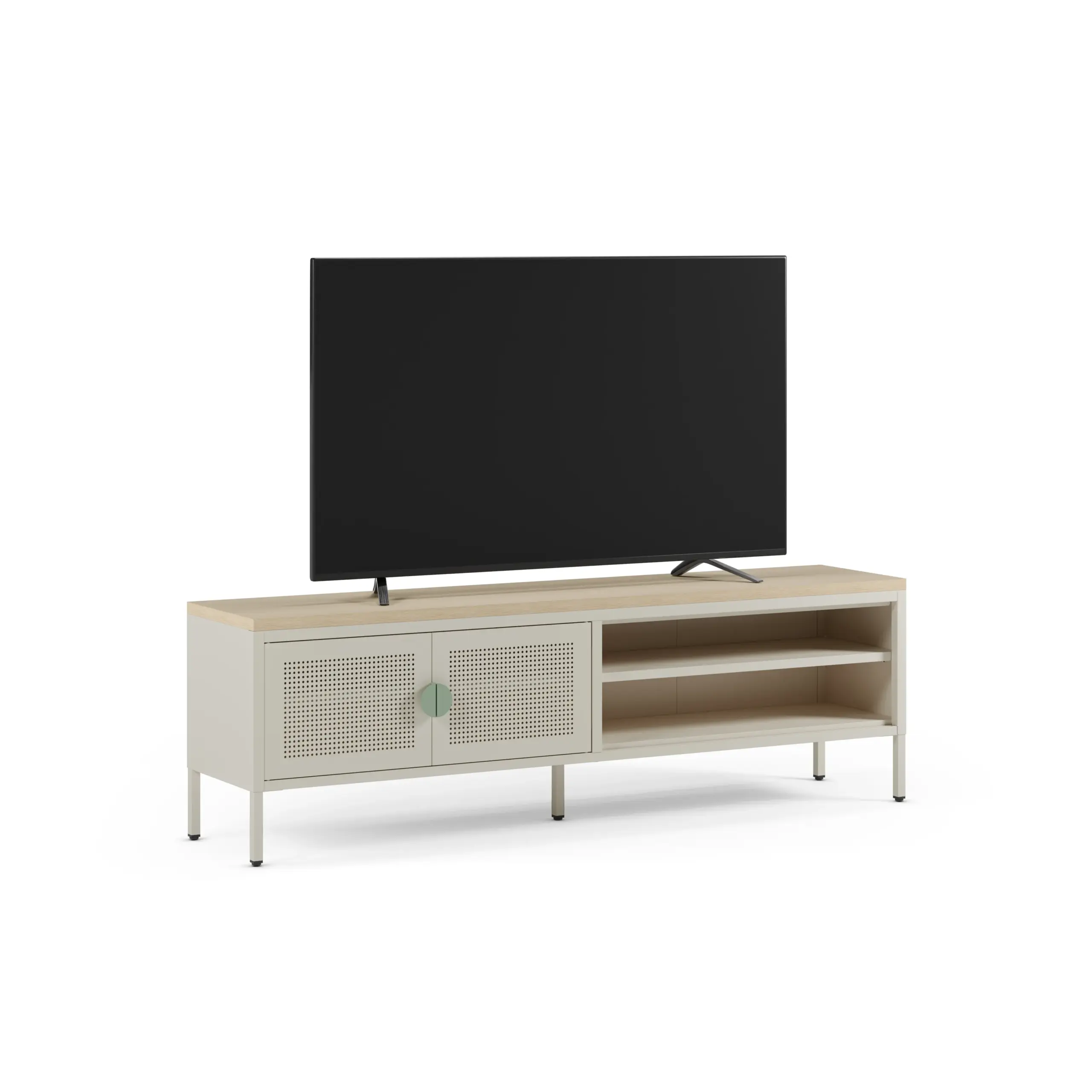 Mueble TV Sayla de 160 cm en crema y roble con dos puertas y compartimentos abiertos