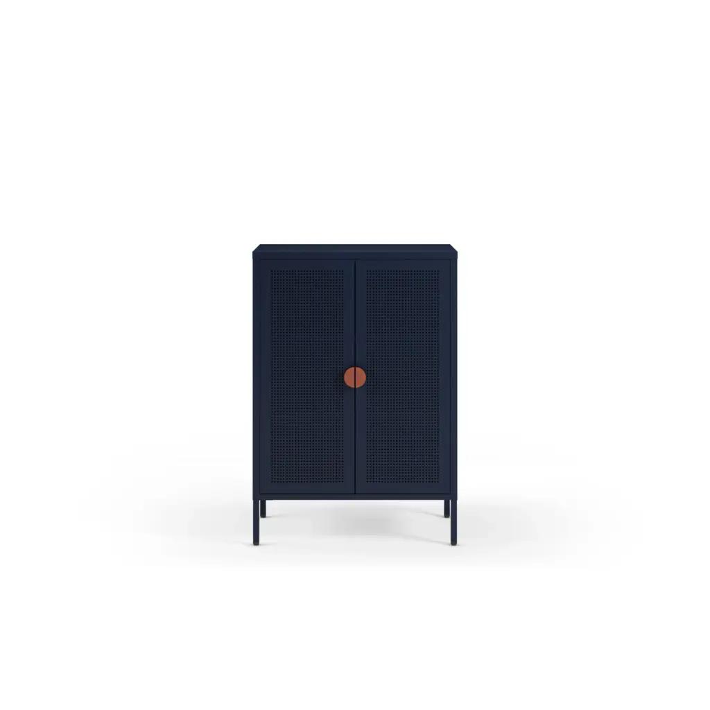 Mueble auxiliar Sayla de 70 cm en azul oscuro con dos puertas y tirador terracota
