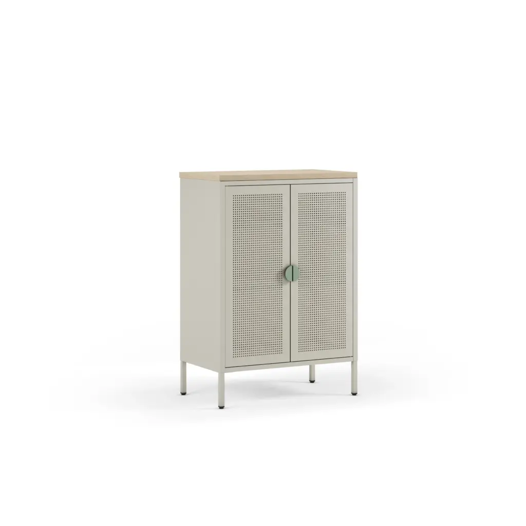 Mueble auxiliar Sayla de 70 cm en crema y roble con dos puertas y tirador verde menta 1_risultato Mueble auxiliar Sayla de 70 cm en crema y roble con dos puertas y tirador verde menta