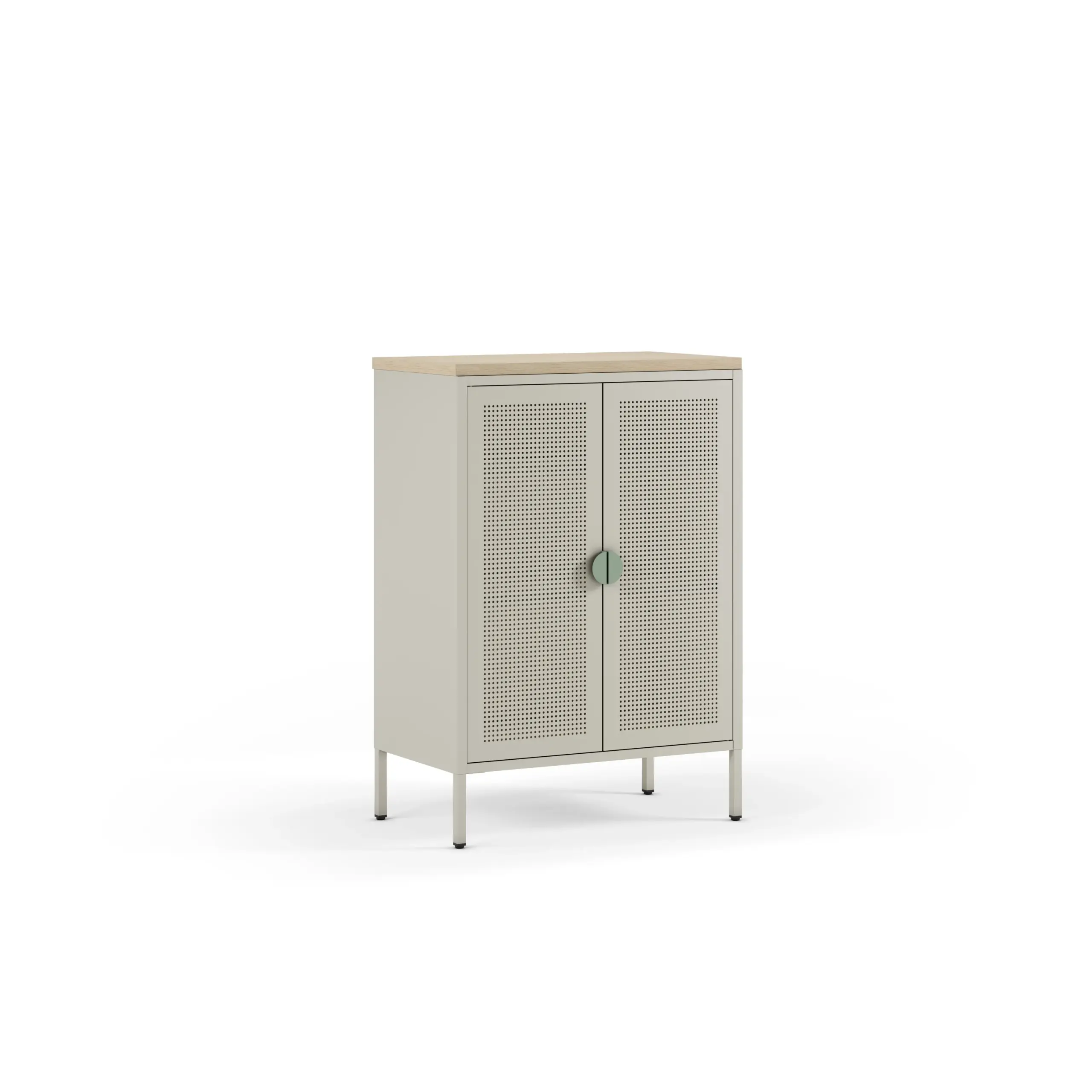 Mueble auxiliar Sayla de 70 cm en crema y roble con dos puertas y tirador verde menta