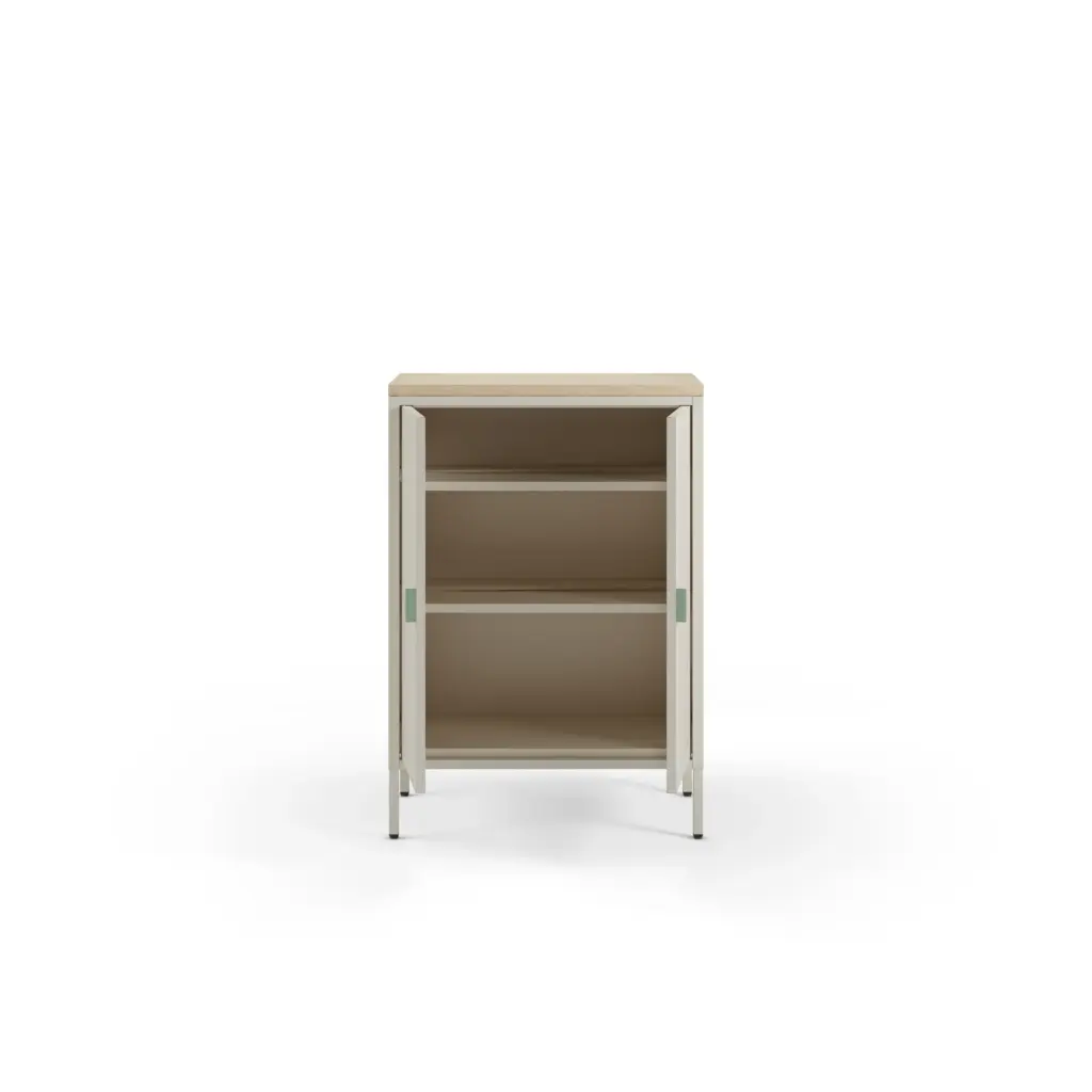 Mueble auxiliar Sayla de 70 cm en crema y roble con dos puertas y tirador verde menta 2_risultato