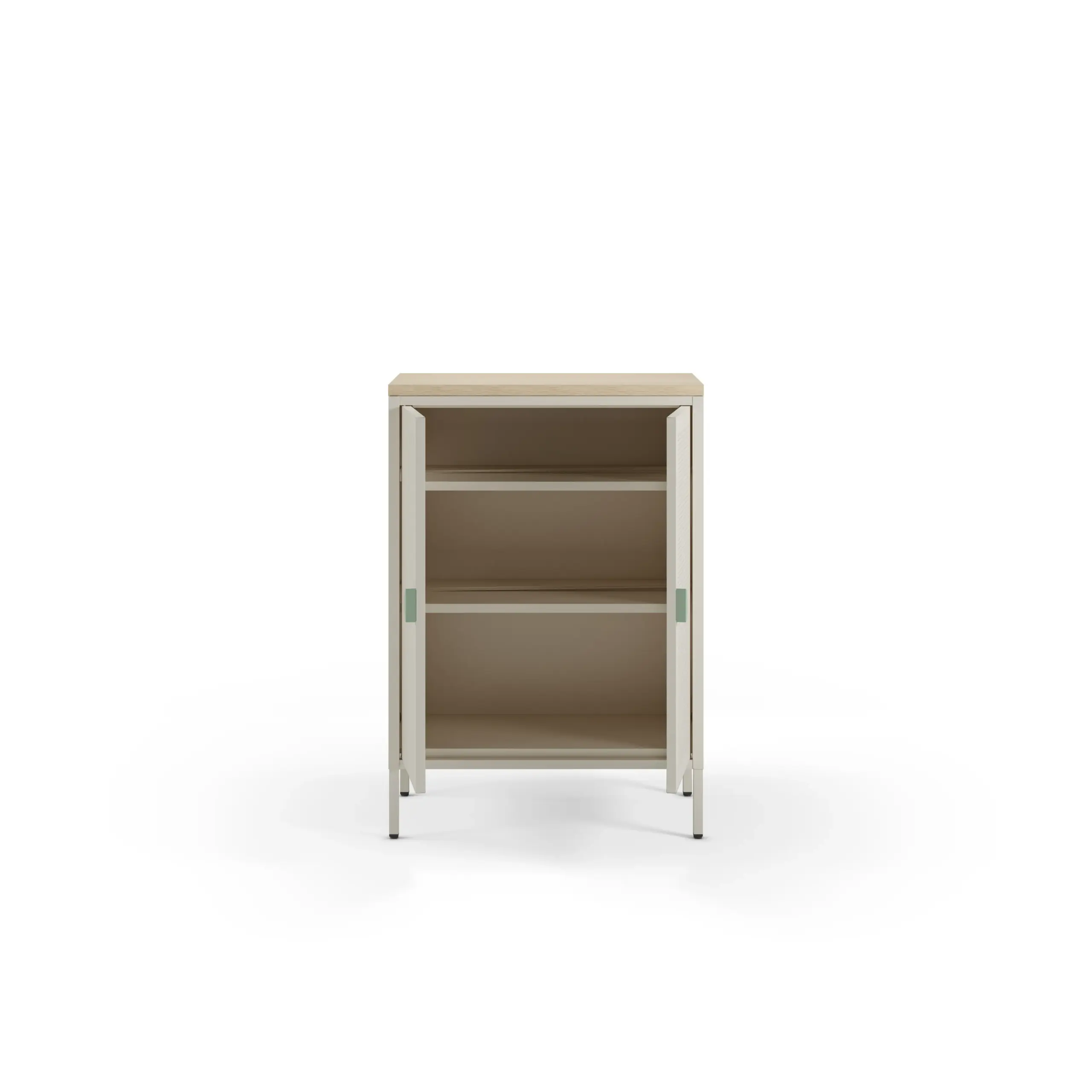 Mueble auxiliar Sayla de 70 cm en crema y roble con dos puertas y tirador verde menta 2_risultato