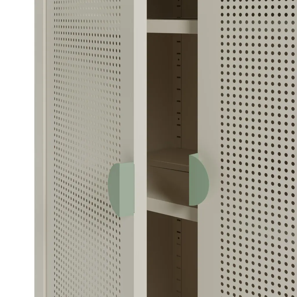 Mueble auxiliar Sayla de 70 cm en crema y roble con dos puertas y tirador verde menta 3_risultato
