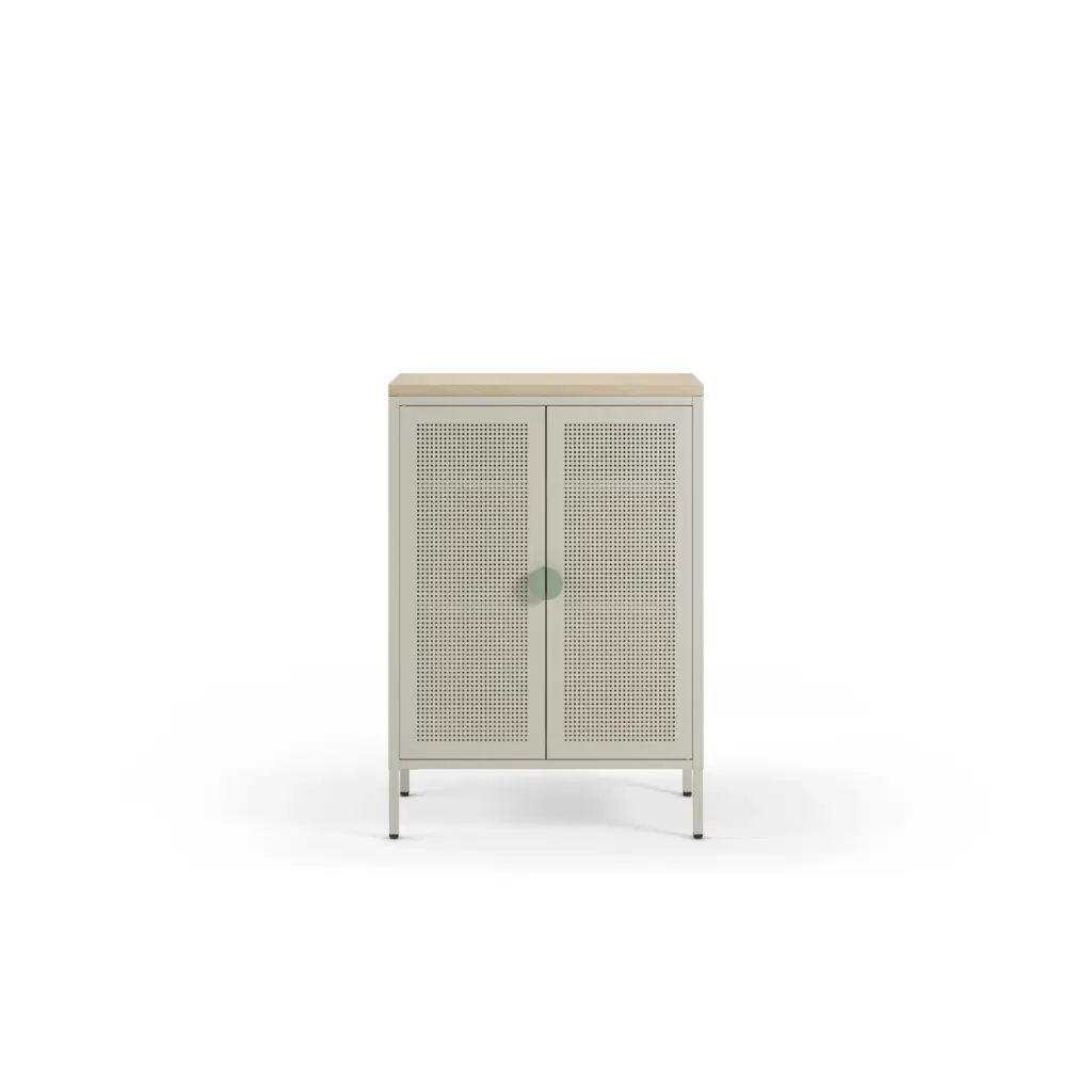 Mueble auxiliar Sayla de 70 cm en crema y roble con dos puertas y tirador verde menta 4_risultato Mueble auxiliar Sayla de 70 cm en crema y roble con dos puertas y tirador verde menta