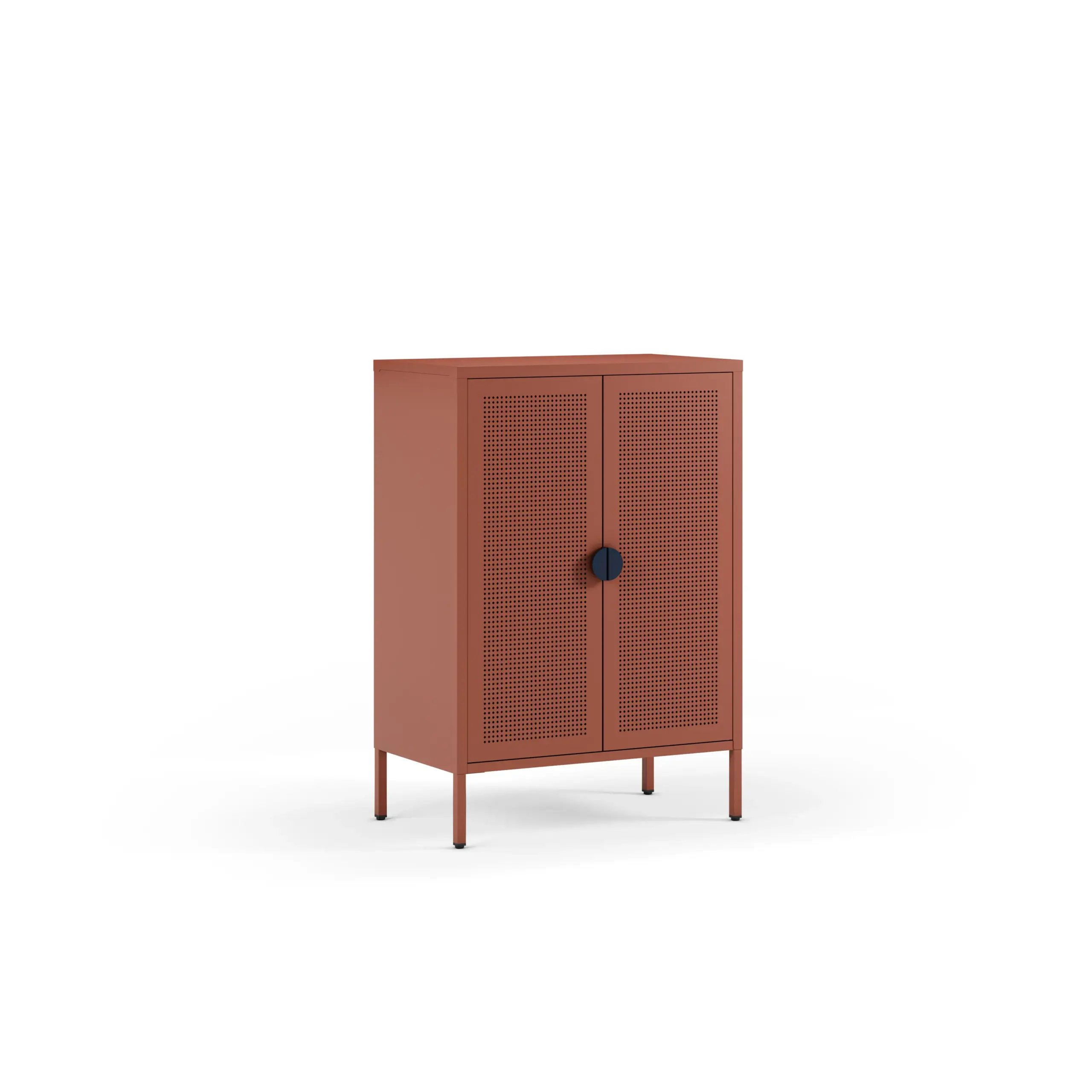 Mueble auxiliar Sayla de 70 cm en terracota con dos puertas y tirador azul oscuro
