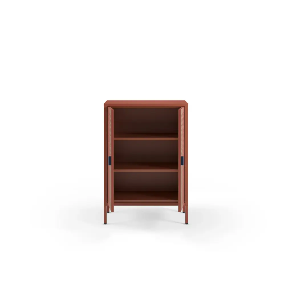 Mueble auxiliar Sayla de 70 cm en terracota con dos puertas y tirador azul oscuro 2_risultato