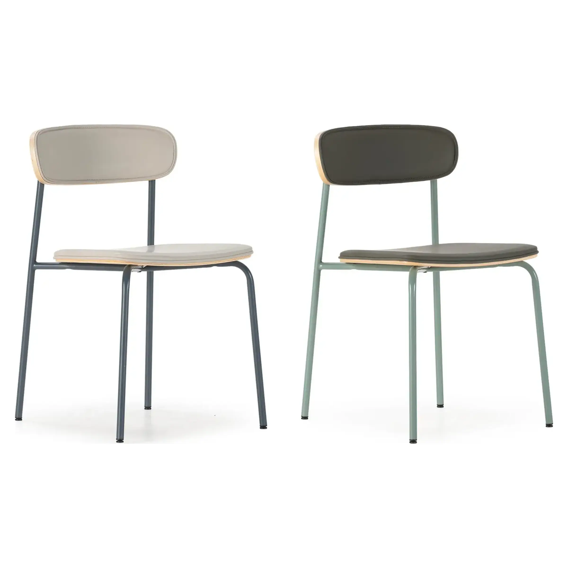 Silla de comedor Saula con respaldo de madera en Beige con patas azul oscuro y en Verde con patas gris azulado