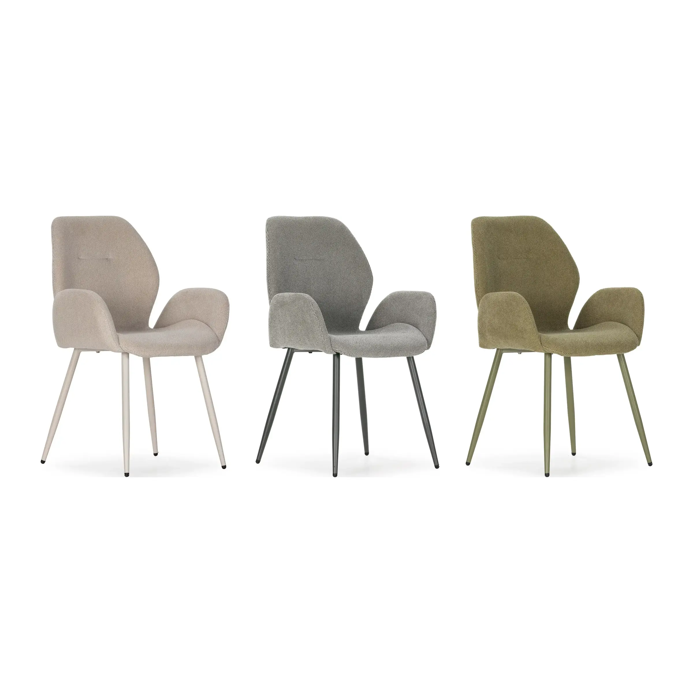 Sillón Ansu en Beige, Gris y Verde Sillón de comedor Ansu tapizado con brazos en Beige con patas crema, Gris con patas gris oscuro y Verde con patas verdes