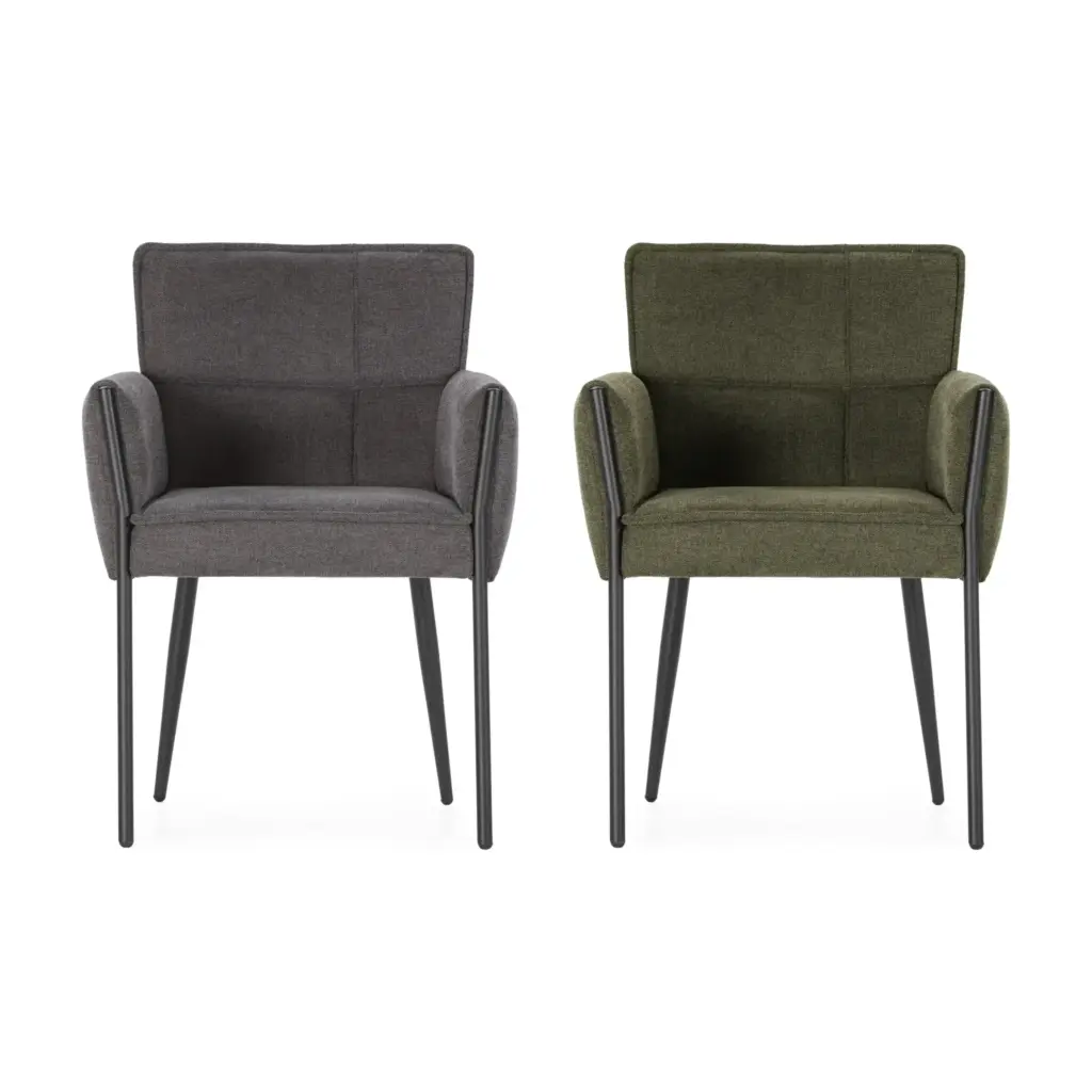 Sillón Vesta en Gris Oscuro y Verde Sillón de comedor Vesta tapizado en tela con brazos y patas metálicas en los colores Gris Oscuro y Verde