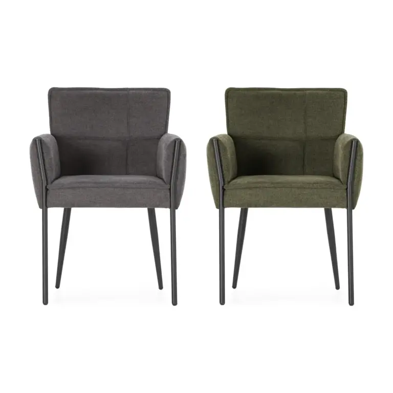 Sillón de comedor Vesta tapizado en tela con brazos y patas metálicas en los colores Gris Oscuro y Verde