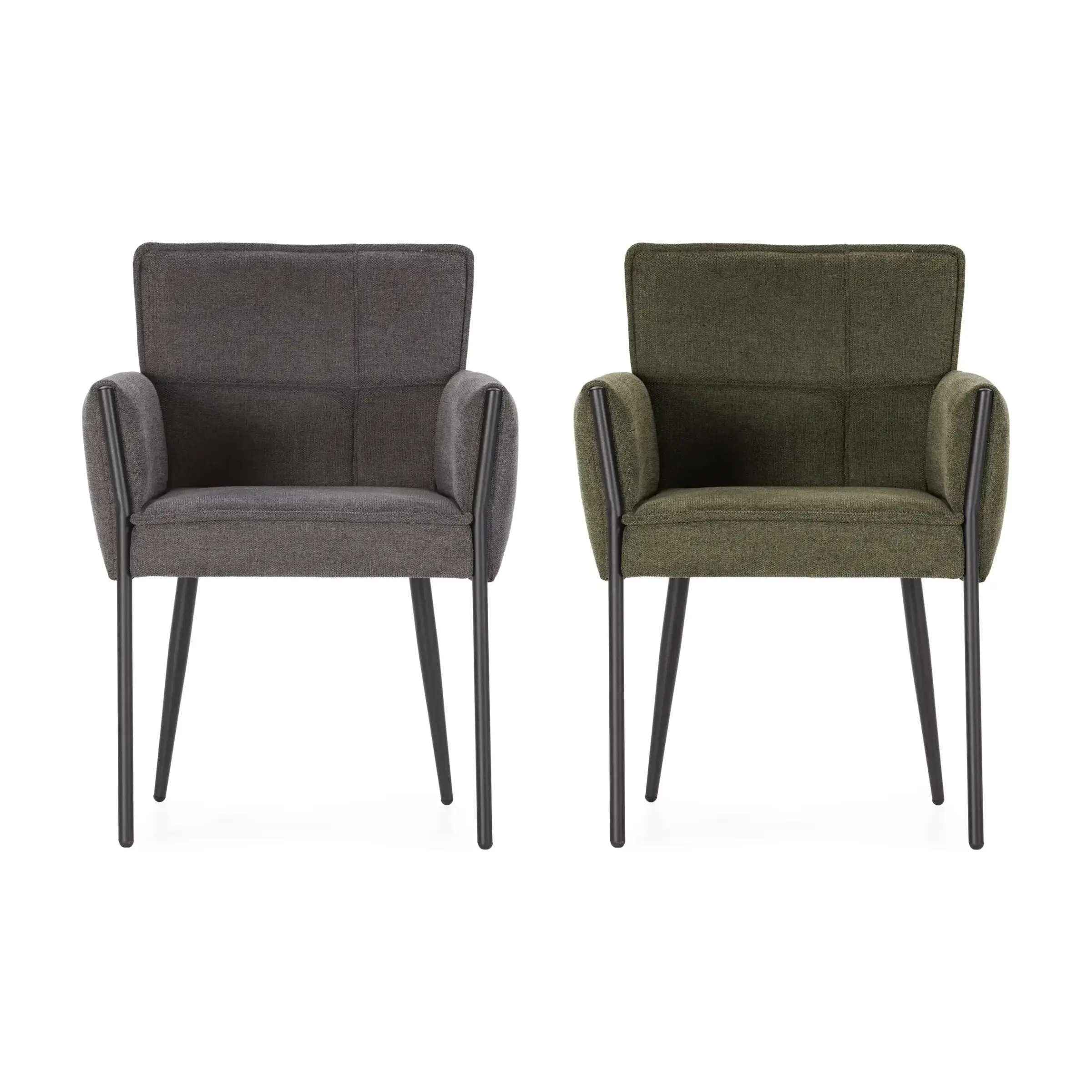 Sillón Vesta en Gris Oscuro y Verde Sillón de comedor Vesta tapizado en tela con brazos y patas metálicas en los colores Gris Oscuro y Verde