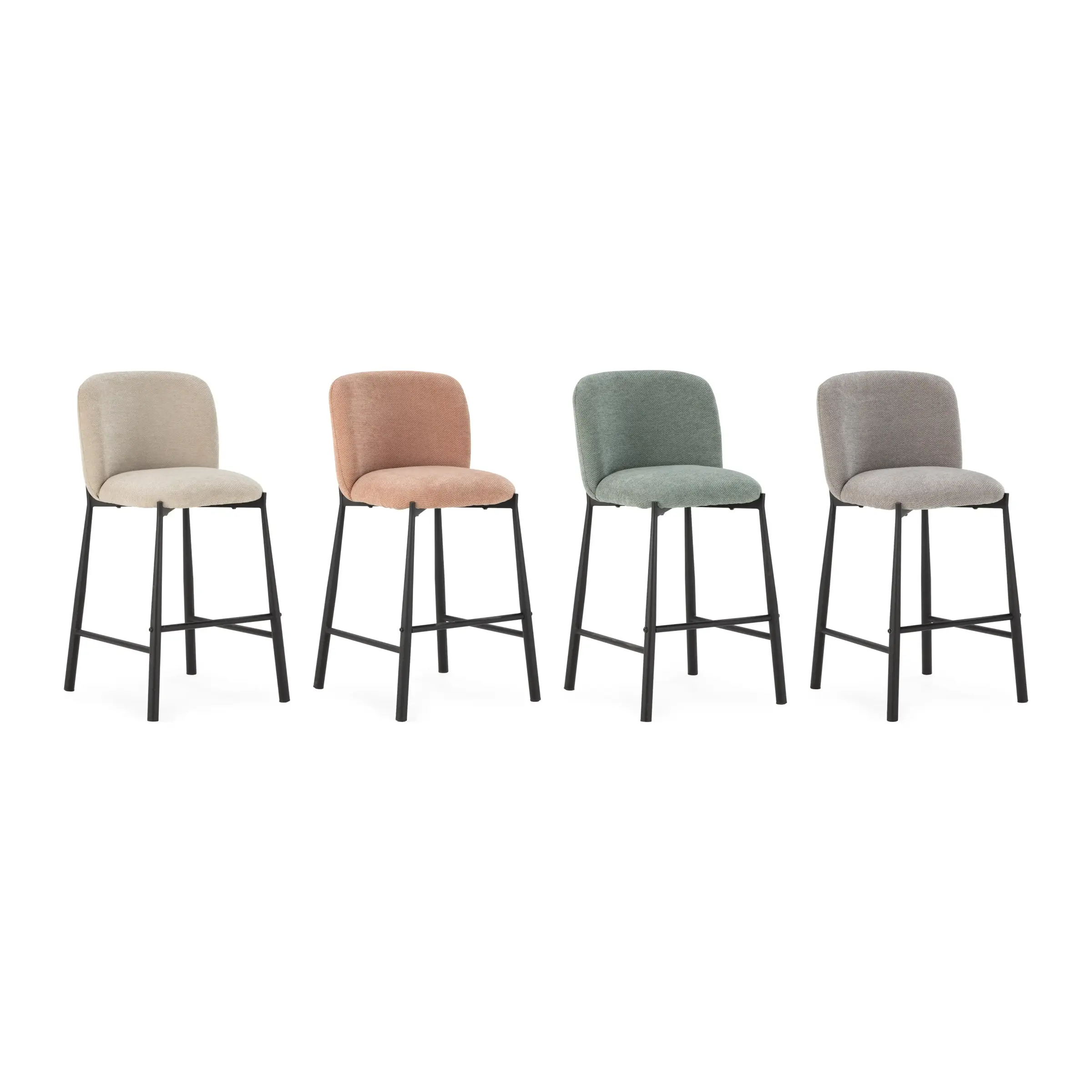 Taburete alto Ginny tapizado en tela en los colores Beige, Coral, Verde menta y Gris