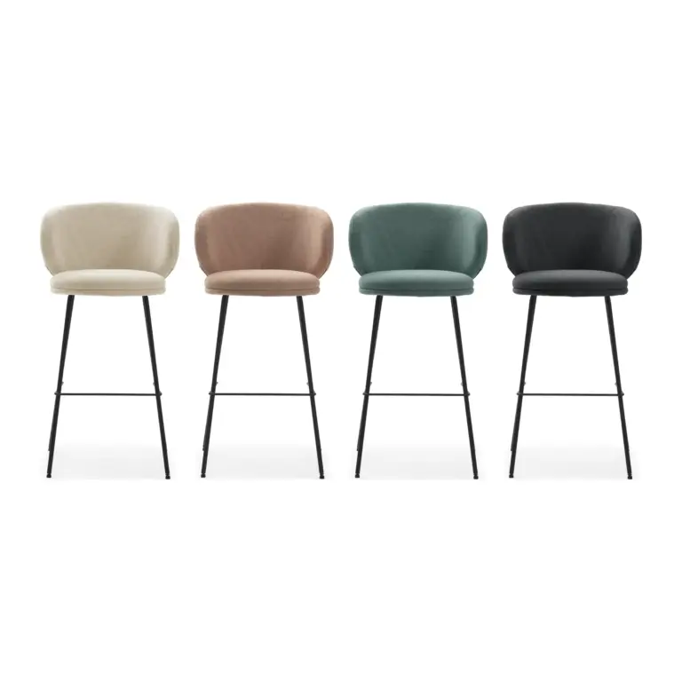 Taburete alto Rush tapizado en tela con patas metálicas en los colores Beige, Rosa Claro, Verde y Gris Oscuro